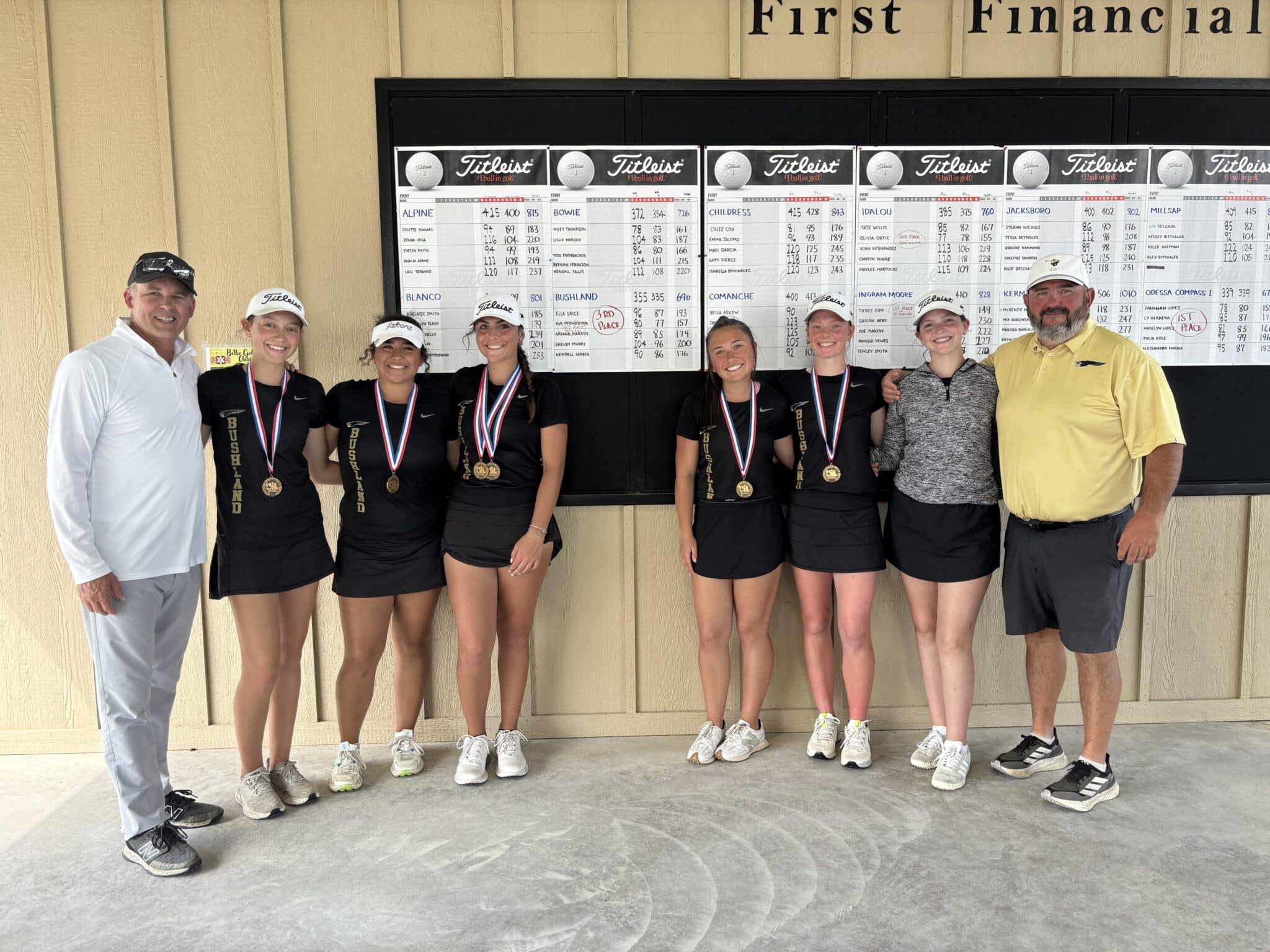 Group of seven young female tennis players wearing medals, flanked by two coaches, posing in front of a large scoreboard.