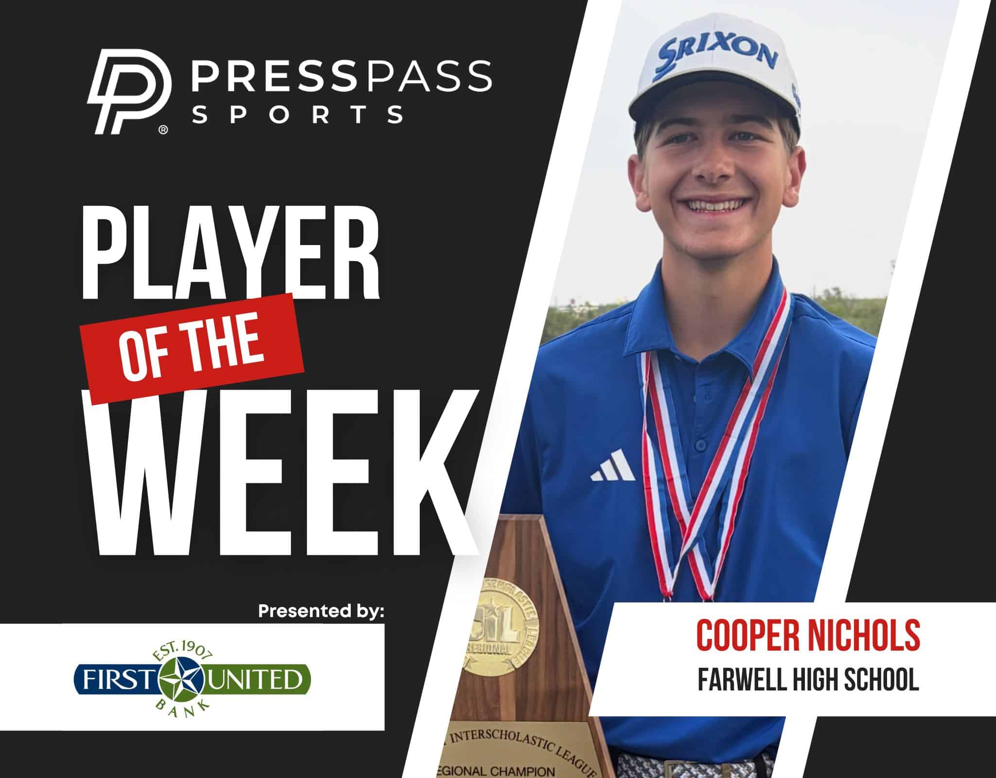 Front-facing portrait of a smiling student athlete wearing a blue uniform and medal, holding a trophy; text elements read "Player of the Week" and sponsor logos nearby.