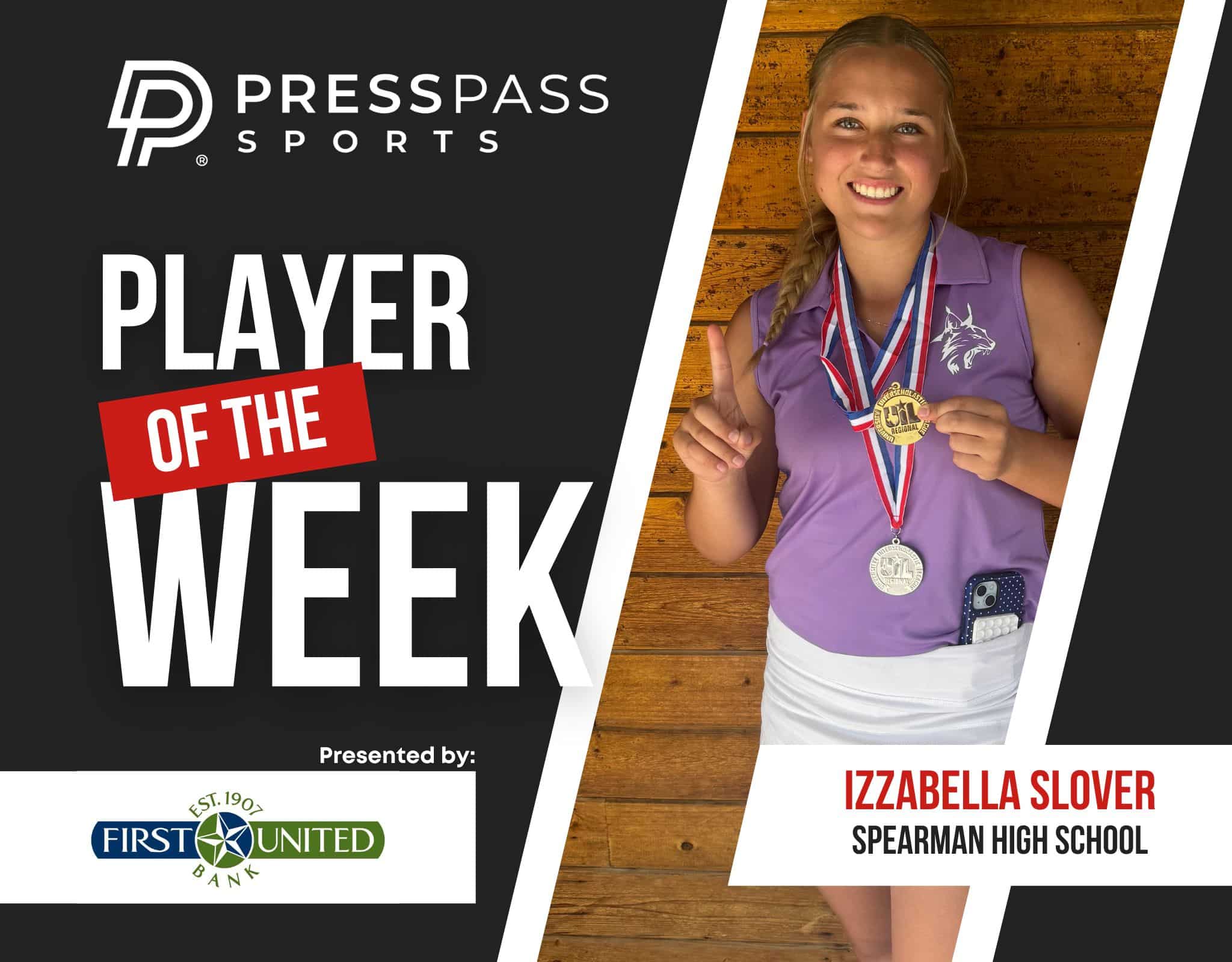 Graphic banner announcing Player of the Week for Press Pass Sports, featuring a smiling athlete with medals on the right side.