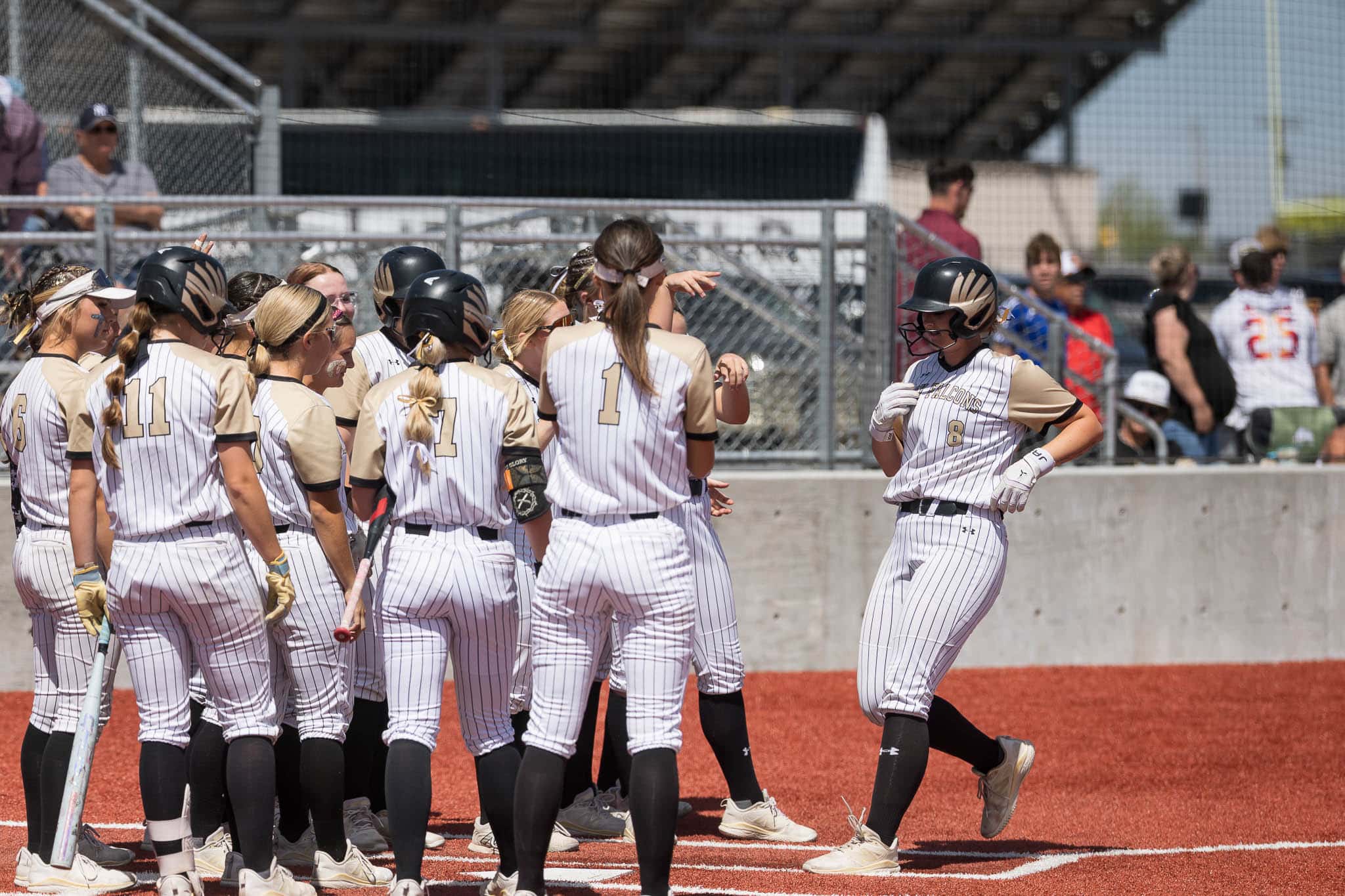 Softball players in white pinstripe uniforms huddle on the field before a game.