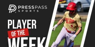 Promotional graphic announcing Press Pass Sports' Player of the Week, featuring a West Texas High School baseball player.