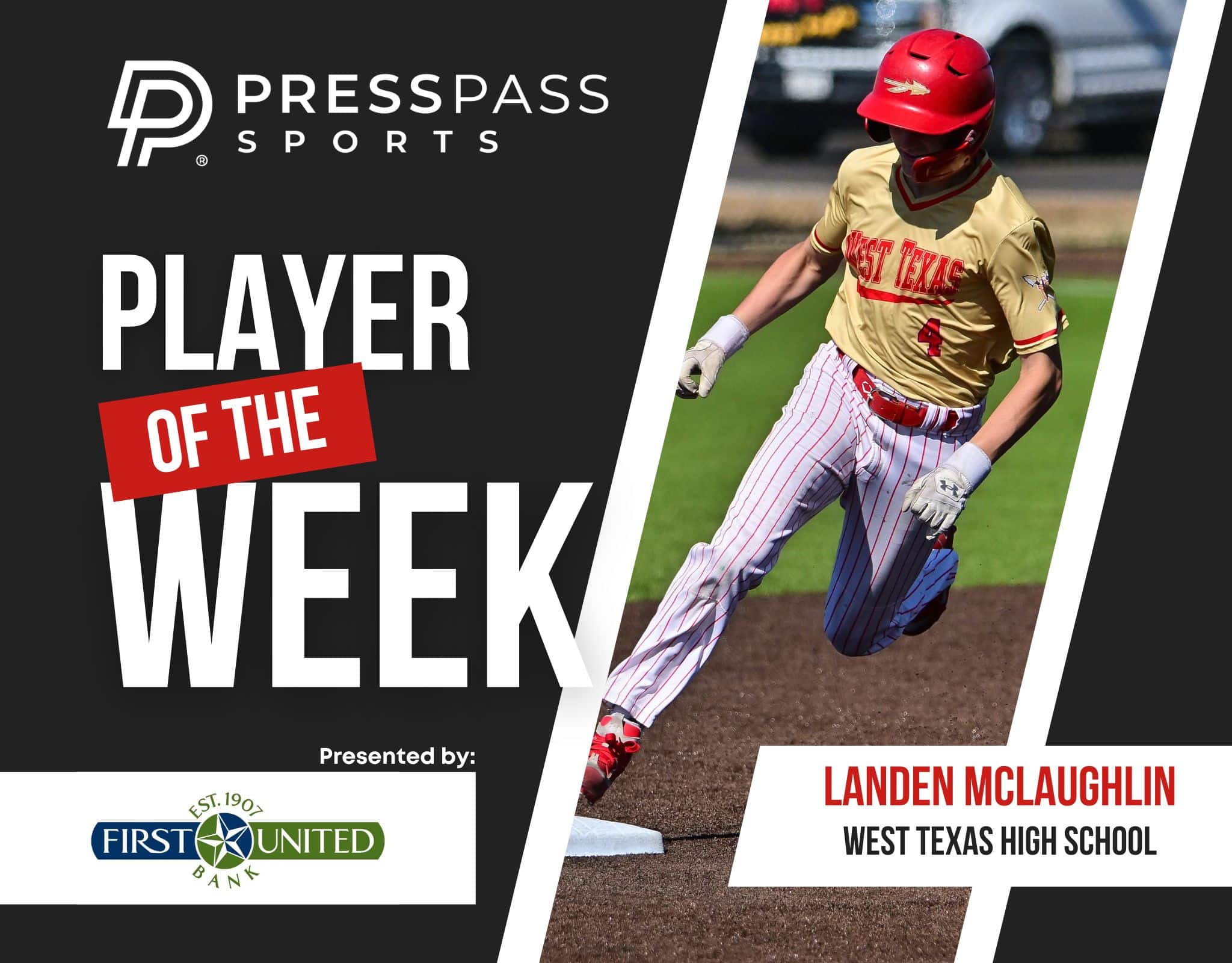 Promotional graphic announcing Press Pass Sports' Player of the Week, featuring a West Texas High School baseball player.