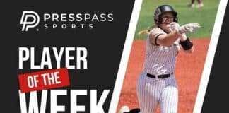 Graphic banner for Press Pass Sports announcing Player of the Week, featuring a female baseball player mid-swing on a dirt field