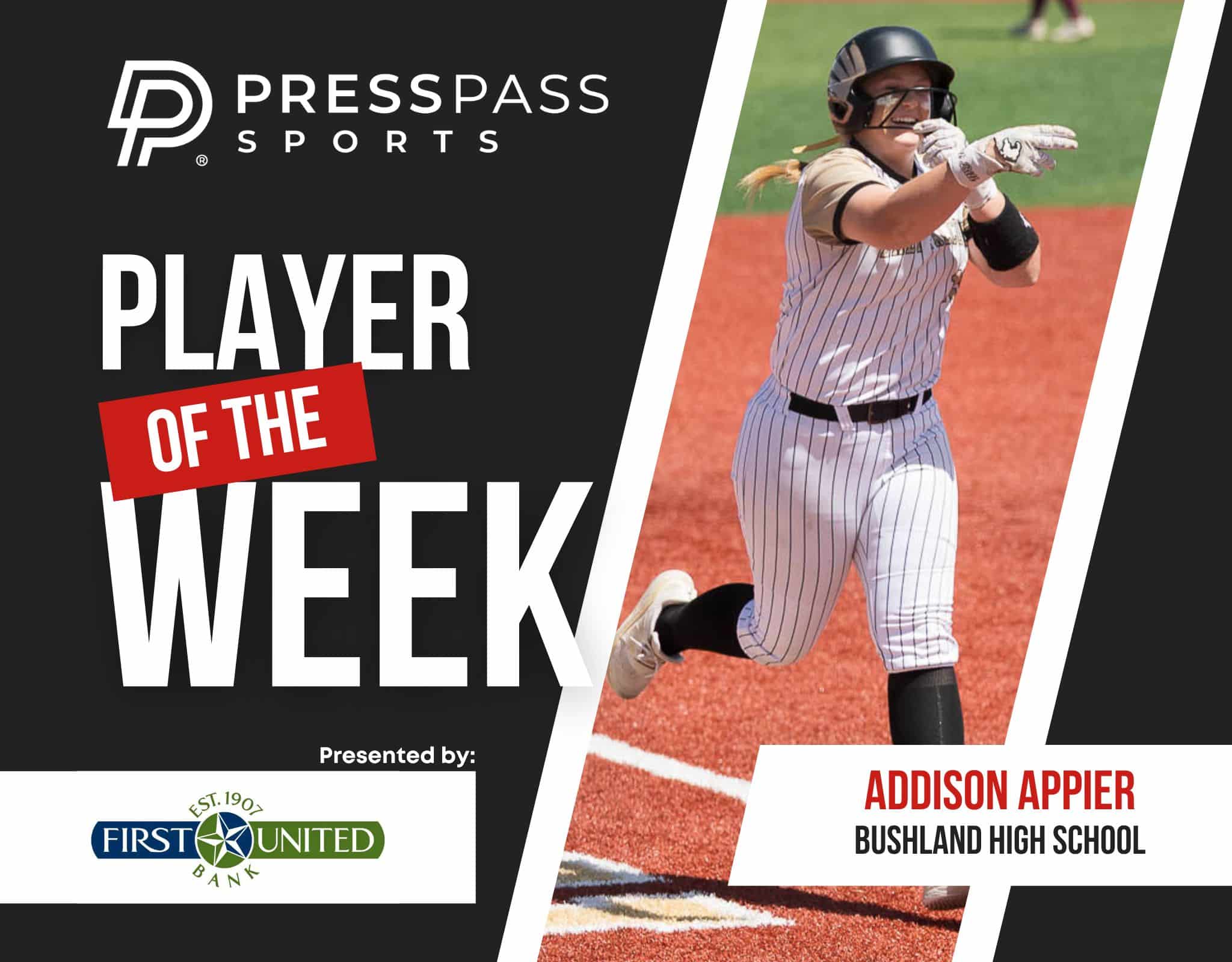 Graphic banner for Press Pass Sports announcing Player of the Week, featuring a female baseball player mid-swing on a dirt field