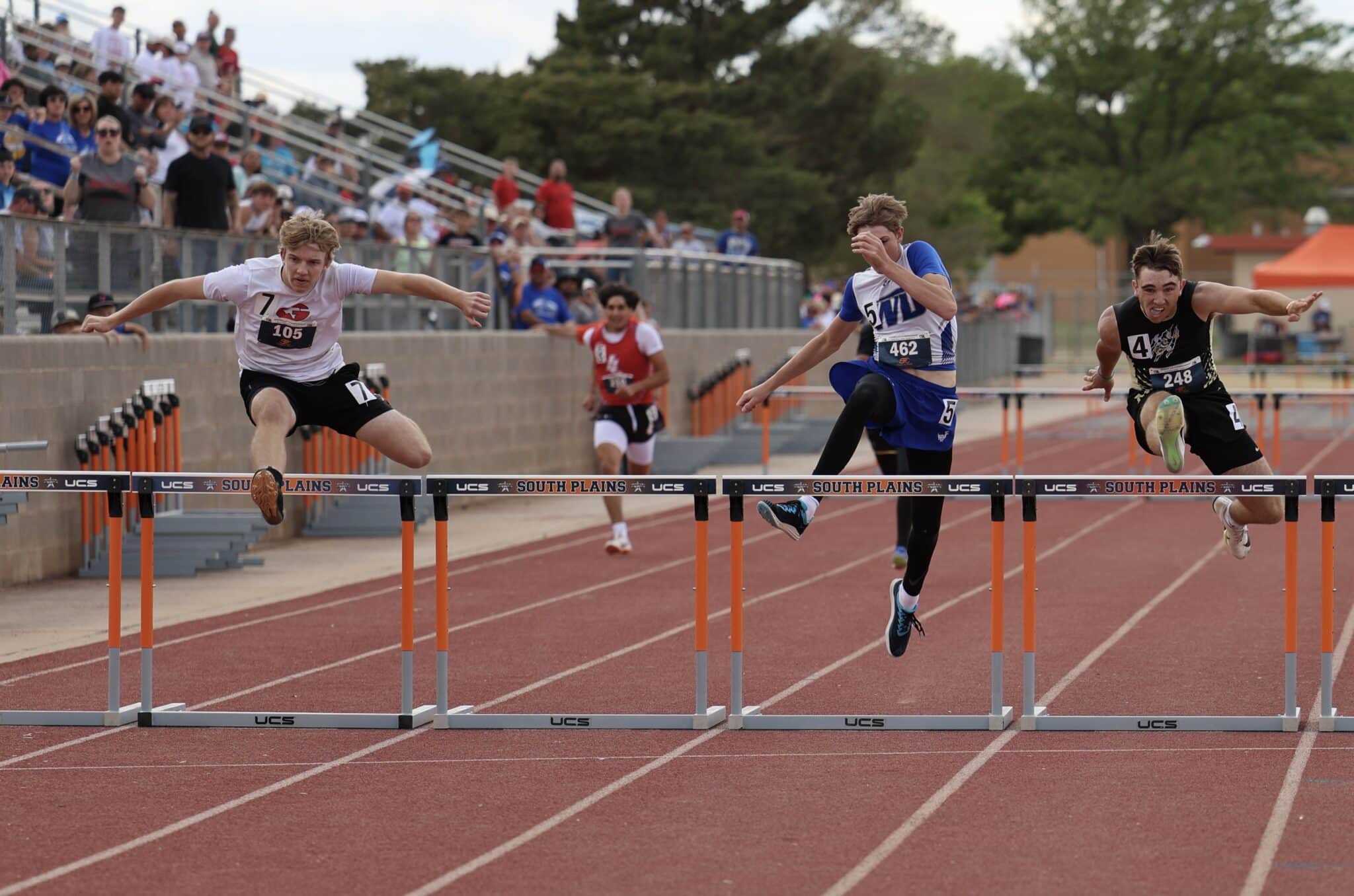 Male sprinters clear hurdles on a red track during a race, with a cheering crowd in the stands behind them.