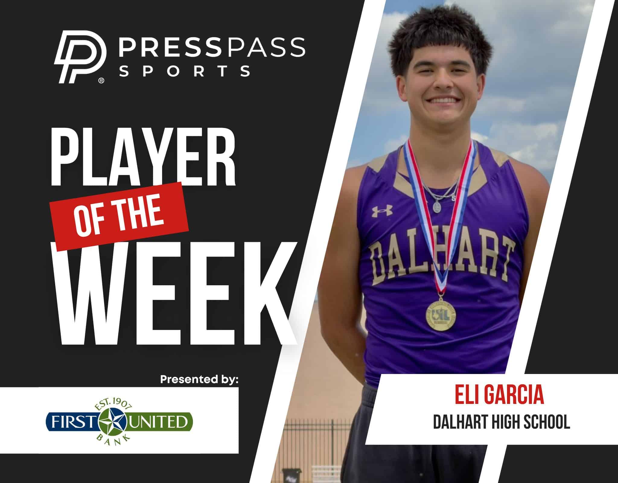 Athlete in a purple high school jersey with medals smiles on a 'Player of the Week' poster fronted by bold text and graphics.