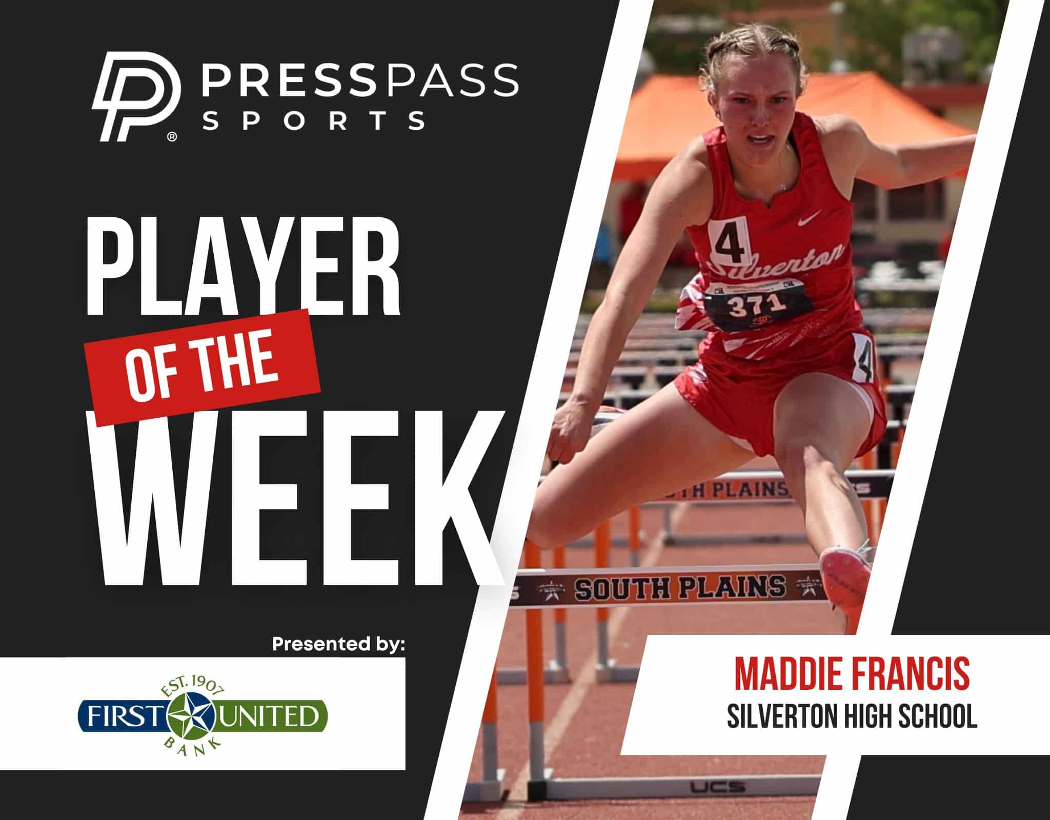 Banner for 'Player of the Week' featuring a female hurdler in a red uniform sprinting on a track, with sponsor logos and school name elements in the design.