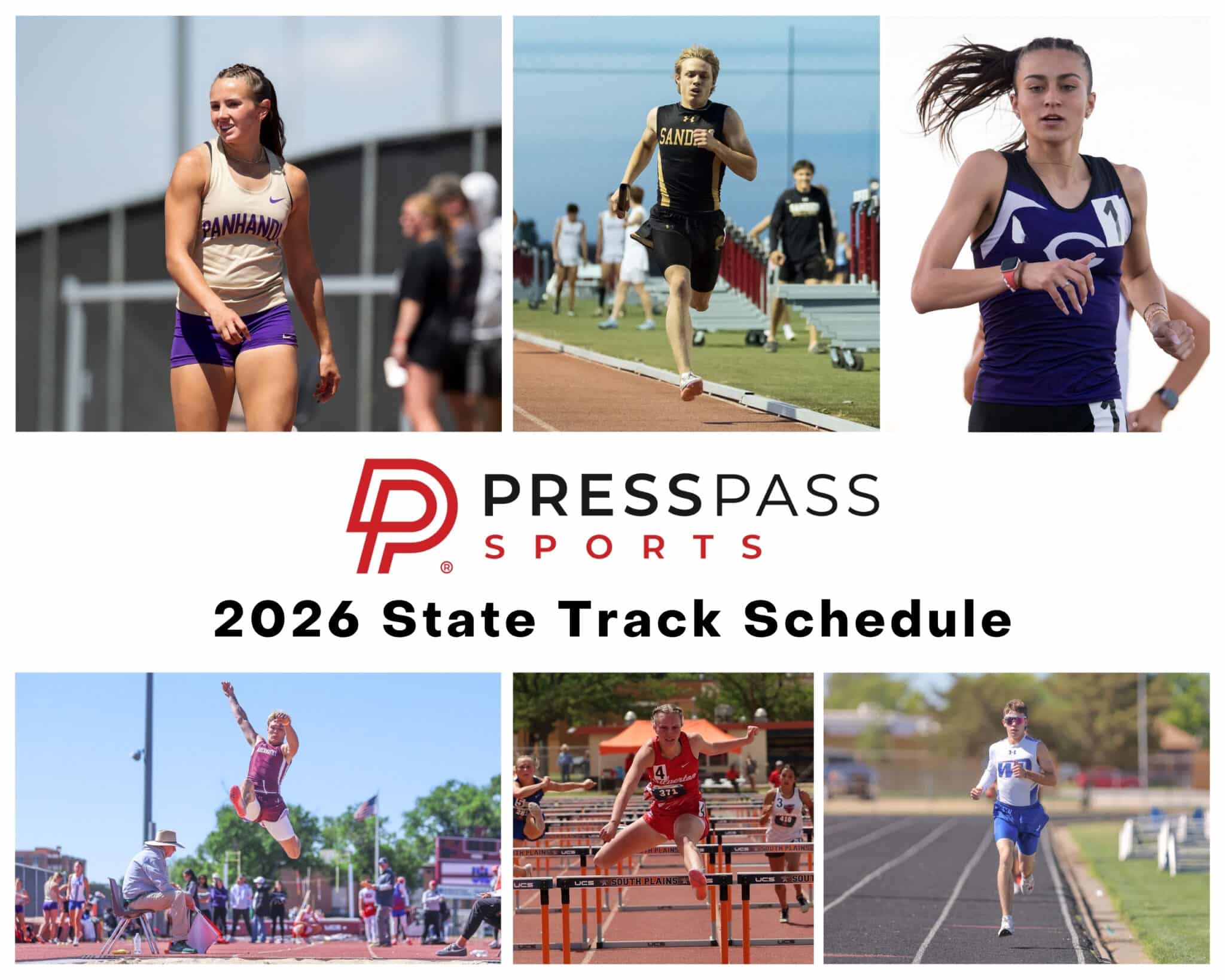 Three-panel collage of track athletes: left a female sprinter in beige uniform, middle a male hurdler sprinting on a track, right a female runner in purple; PressPass Sports branding visible below.