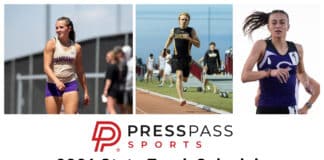 Three-panel collage of track athletes: left a female sprinter in beige uniform, middle a male hurdler sprinting on a track, right a female runner in purple; PressPass Sports branding visible below.