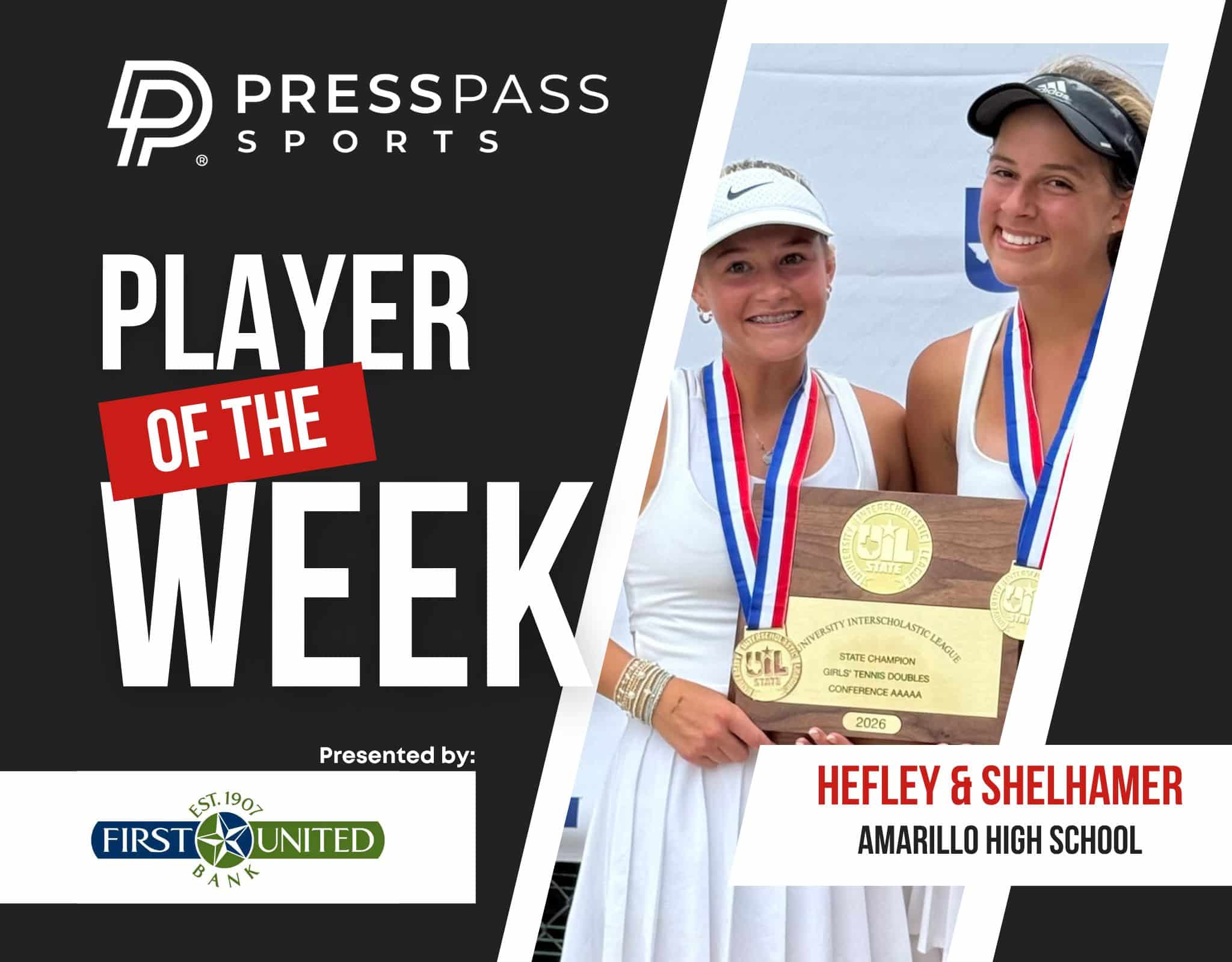 Copy of 2023 Athlete of the Week 66 | Press Pass Sports Two smiling young female athletes with medals display a large