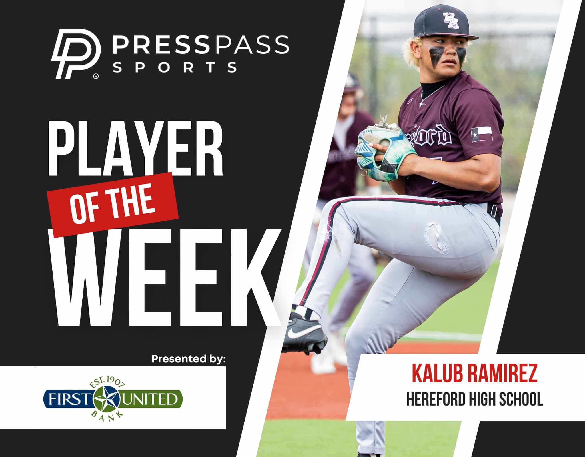 PressPass Sports'Player of the Week' banner featuring a baseball pitcher on the right with 'Presented by' text on the left panel.