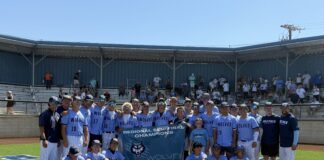 Group of baseball players in light blue uniforms posing on the field with a banner that reads 'Regional Semifinal Champions'. Behind them are spectators in bleachers under a clear blue sky.