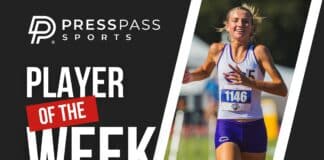 Promotional banner featuring a female runner on a track for 'Player of the Week' by Press Pass Sports with race bib 1146.
