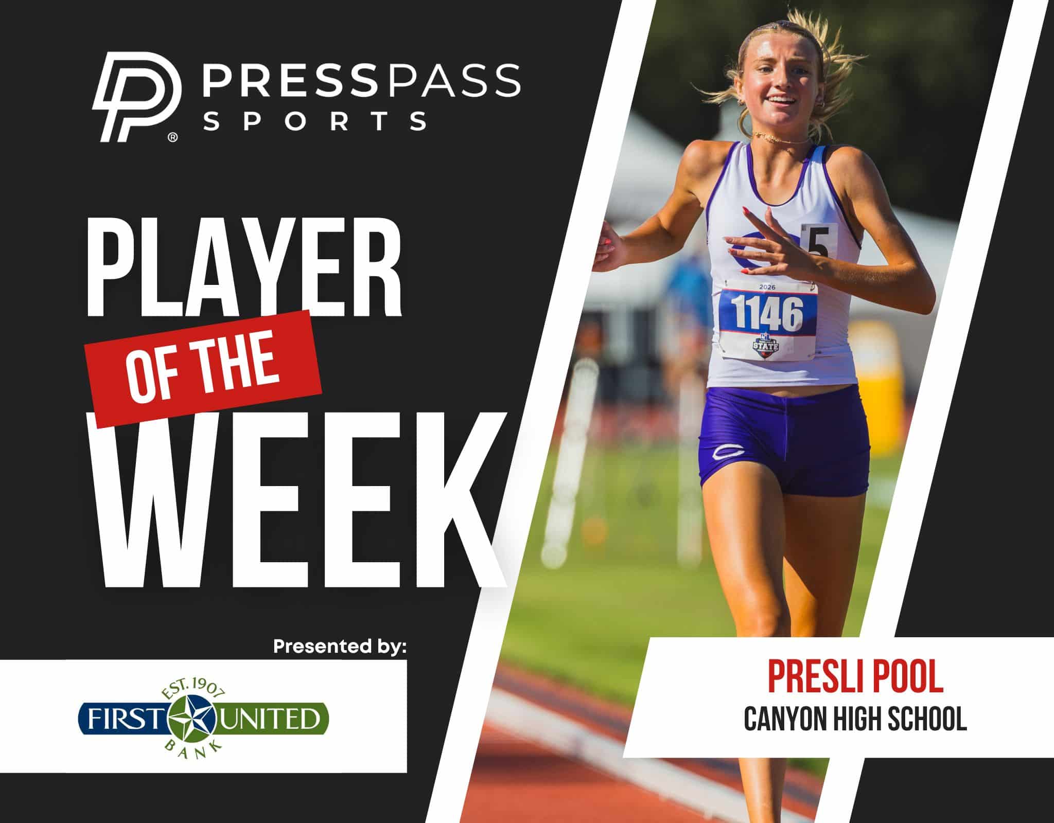 Copy of 2023 Athlete of the Week 68 | Press Pass Sports Promotional banner featuring a female runner on a track for 'Player of the Week' by Press Pass Sports with race bib 1146.