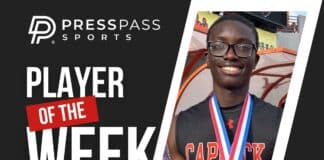 Promo banner showing a student athlete with medals for PressPass Sports, 'Player of the Week' headline