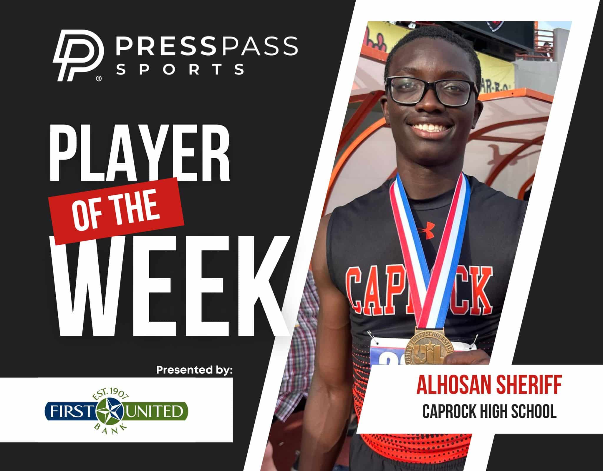 Promo banner showing a student athlete with medals for PressPass Sports,'Player of the Week' headline