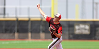 Baseball pitcher in red and black uniform throwing a ball on the mound with a blurred stadium background