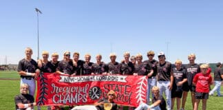 Group of young baseball players in black uniforms pose behind a red banner on a sunny field, trophy in front, celebrating a win.