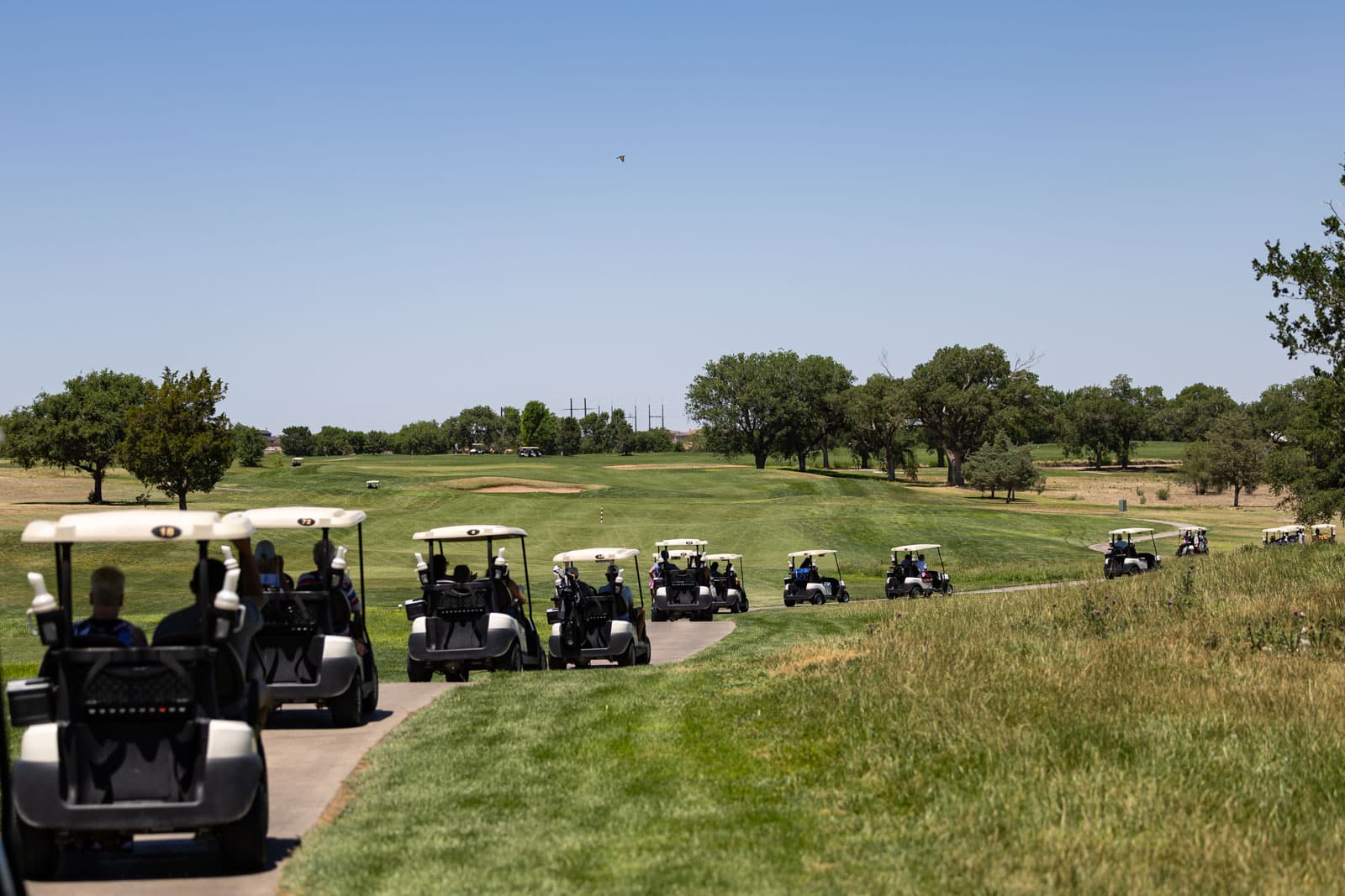 Line of golf carts with players riding along a paved cart path on a sunny golf course.