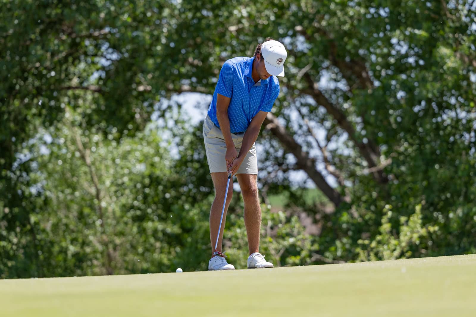 Golfer in a blue shirt and white cap preparing to putt on a green fairway with trees in the background.