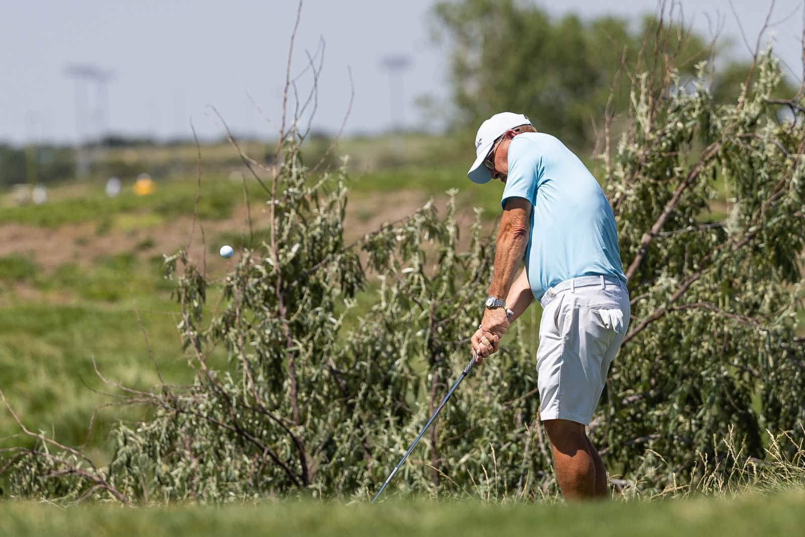 Golfer in a light blue shirt and white shorts mid-swing on a sunny course, ball in midair.