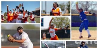 Collage of female softball and baseball players in action: pitching, catching, throwing, and celebrating on sunny fields in orange, white, and blue uniforms.
