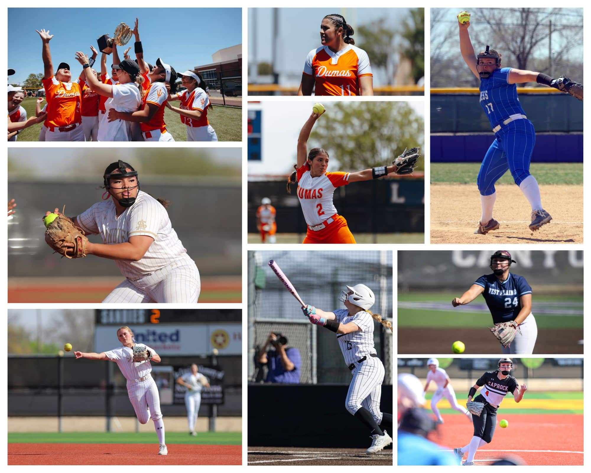 2026 Softball Team Graphic | Press Pass Sports Collage of female softball and baseball players in action: pitching, catching, throwing, and celebrating on sunny fields in orange, white, and blue uniforms.
