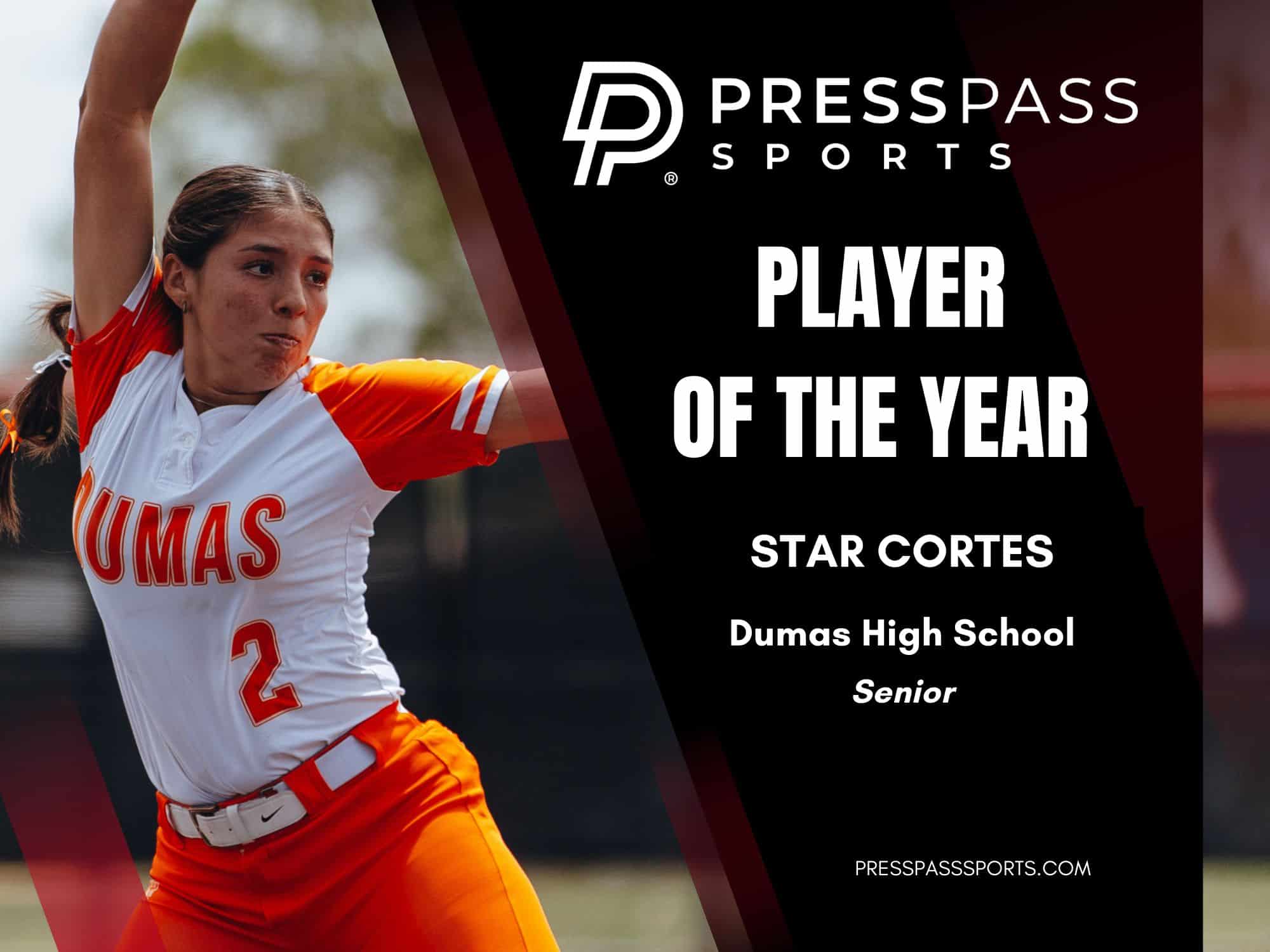 2026 Softball Team of the year | Press Pass Sports Female high school athlete in orange-and-white uniform raising her arm, next to a bold'PLAYER OF THE YEAR' banner for PRESSPASS SPORTS.