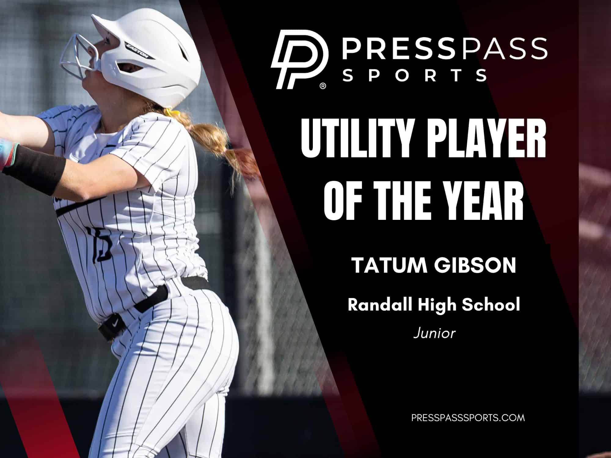 2026 Softball Team of the year 2 | Press Pass Sports Baseball player in a pinstripe uniform swinging a bat with a white helmet, overlaid with'Utility Player of the Year' and PRESS PASS SPORTS branding.