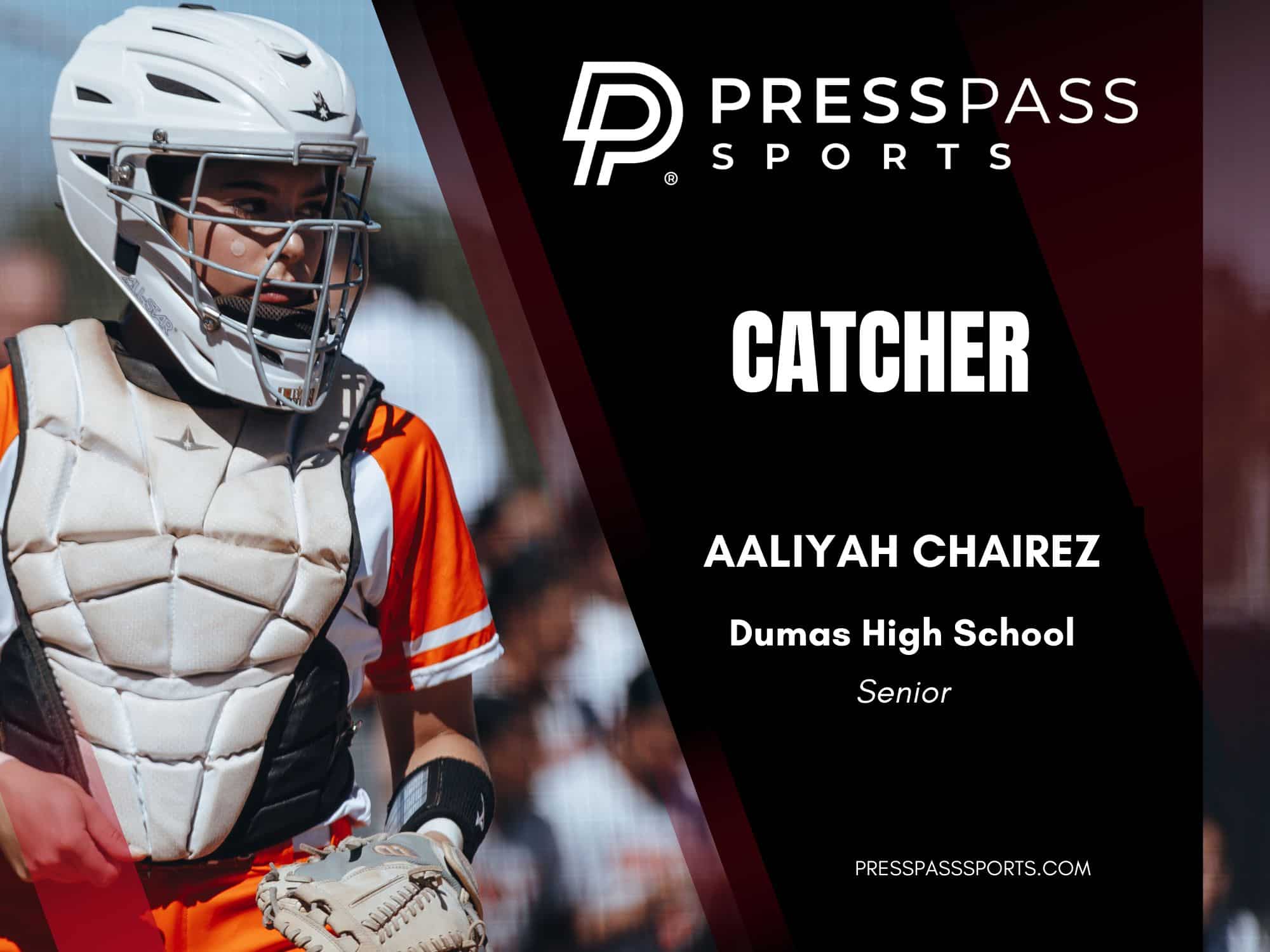 2026 Softball Team of the year 6 | Press Pass Sports Baseball catcher in helmet and chest protector on a PRESSPASS SPORTS banner, with the word CATCHER visible on the right.