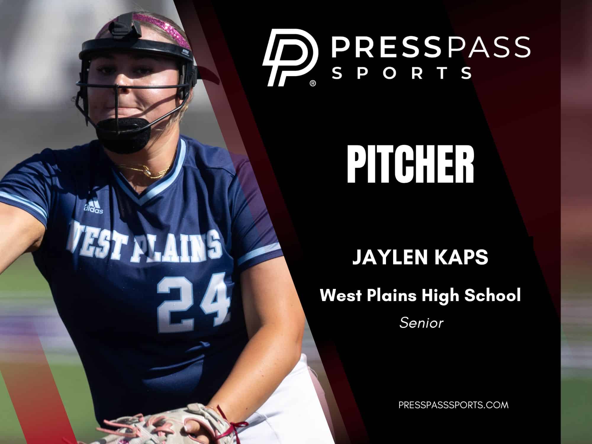 2026 Softball Team of the year 3 | Press Pass Sports High school softball pitcher in navy West Plains jersey wearing a helmet, ready to pitch (senior).