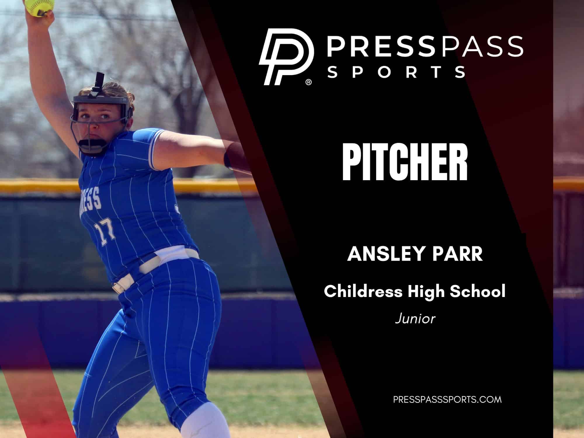 2026 Softball Team of the year 5 | Press Pass Sports Softball pitcher in a blue uniform mid-pitch with overlay text saying'PITCHER' on a dark graphic background.