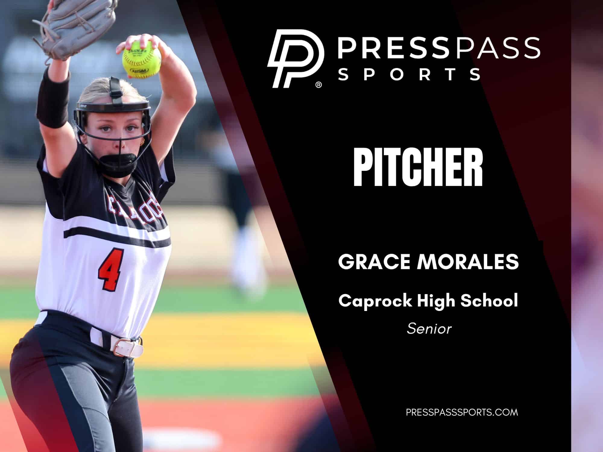 2026 Softball Team of the year 4 | Press Pass Sports High school softball pitcher in action throwing a ball, with PRESSPASS SPORTS branding and the name Grace Morales on a cover image.