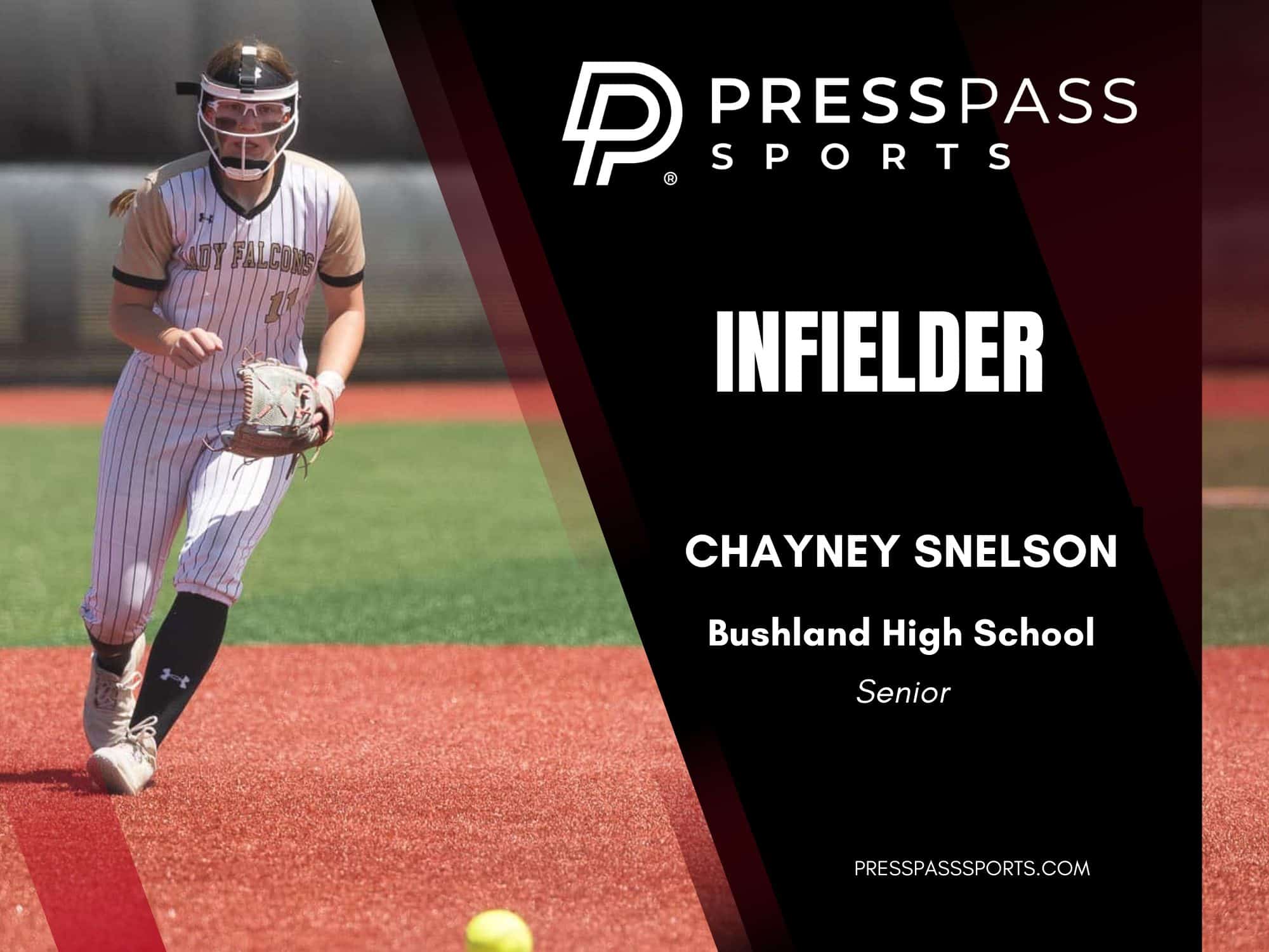 2026 Softball Team of the year 8 | Press Pass Sports Female softball infielder in a pinstriped uniform running on a red dirt field, with a bold'Press Pass Sports' graphic on the right and the name 'Chayney Nelson' visible on the cover.