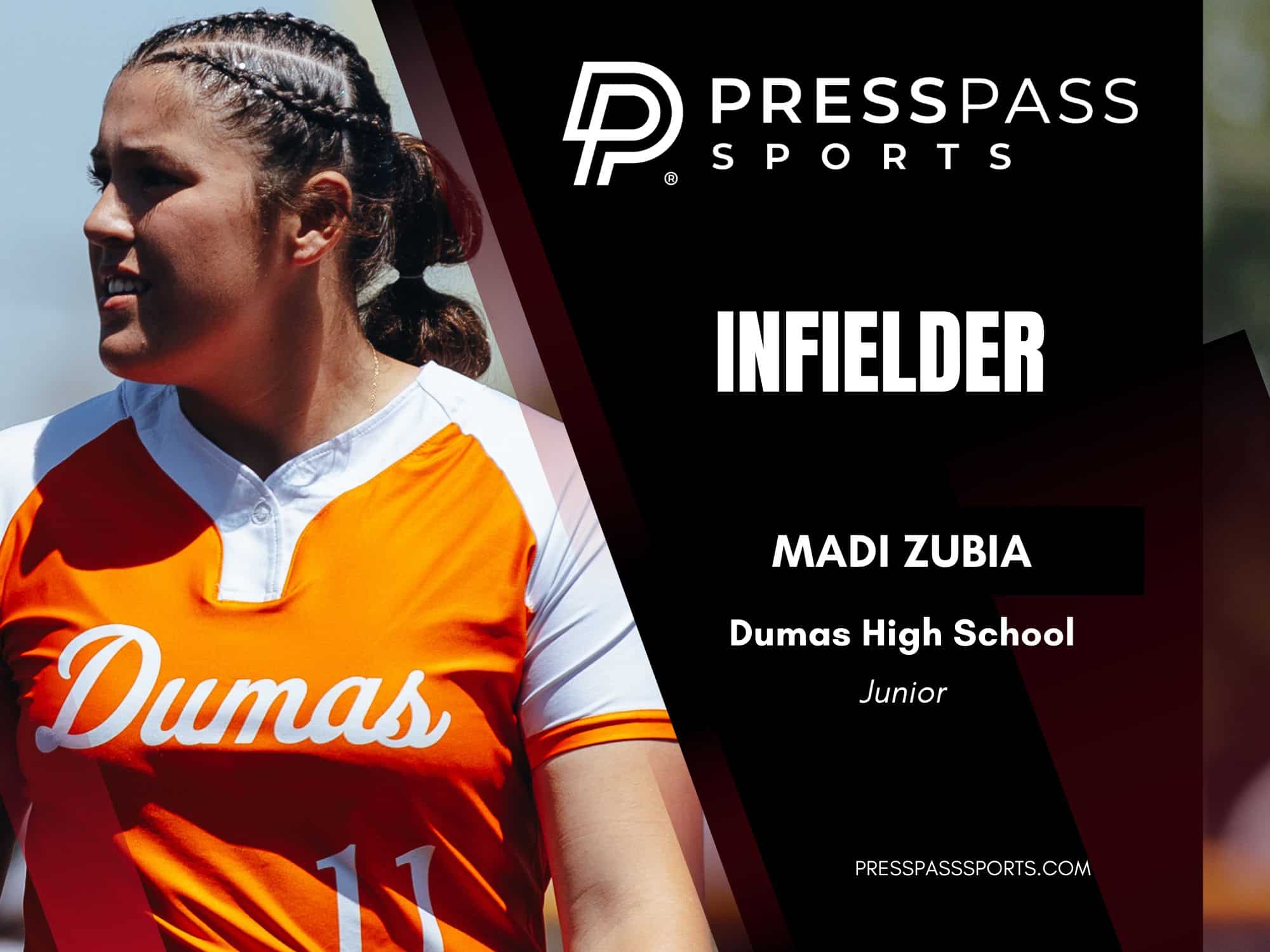 2026 Softball Team of the year 11 | Press Pass Sports Female athlete in orange-and-white jersey looking left, beside a black Press Pass Sports banner with names and school text on the right.