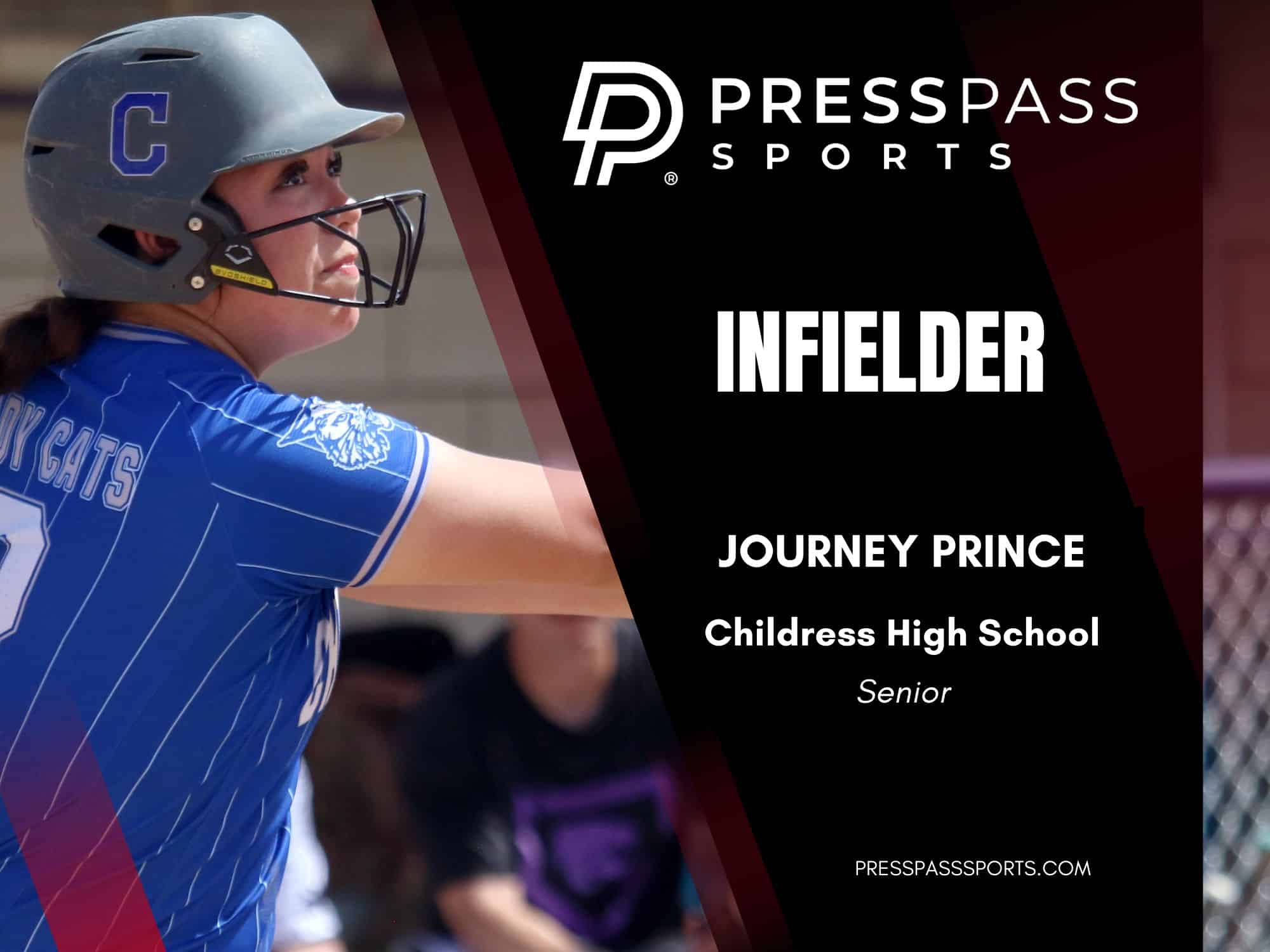 2026 Softball Team of the year 10 | Press Pass Sports Female softball infielder in a blue jersey wearing a helmet, looking upward, with a black/red press-pass banner reading'INFIELDER' nearby.