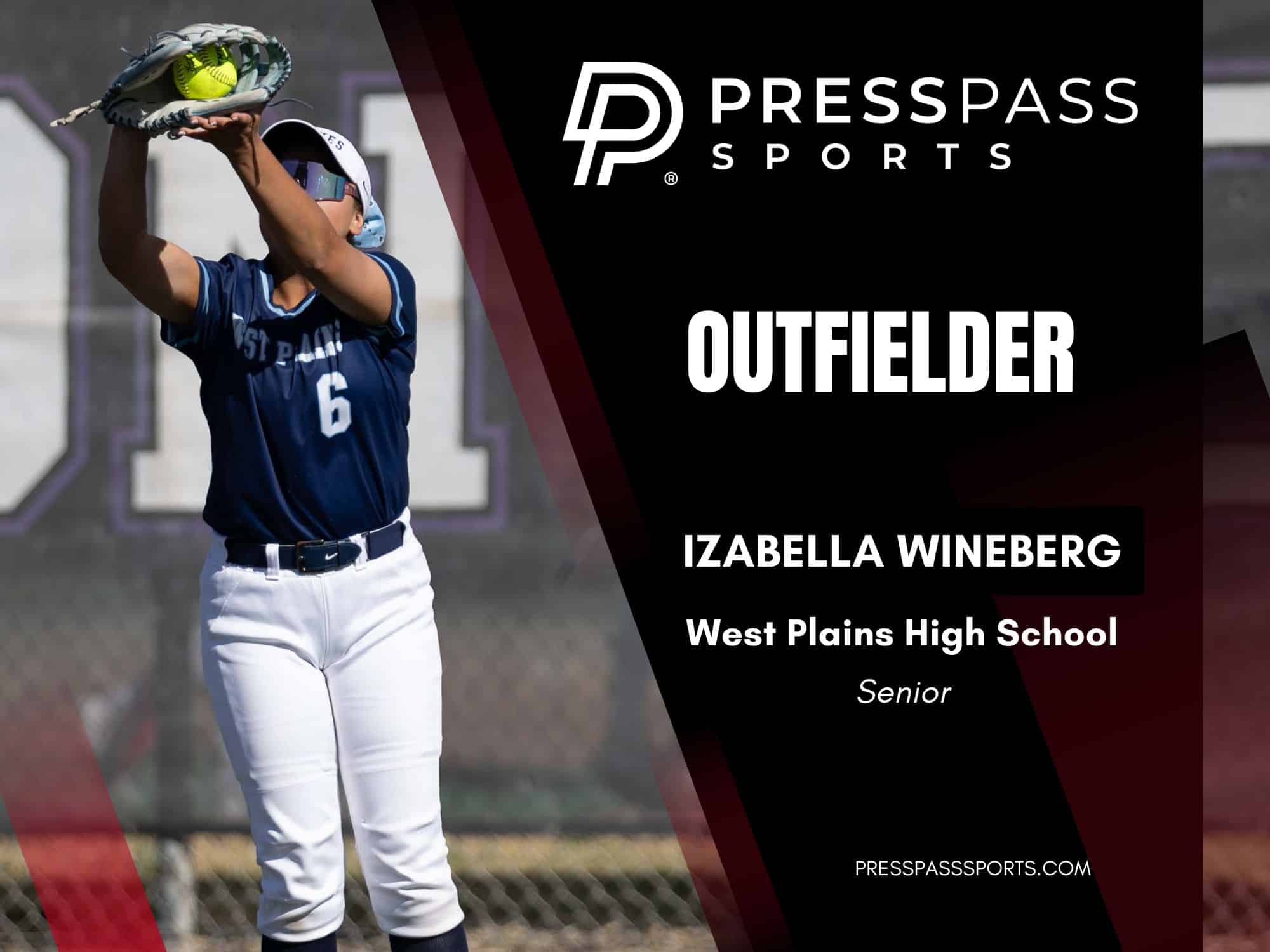 2026 Softball Team of the year 16 | Press Pass Sports Female high school softball outfielder in navy uniform catches a ball with her glove during a game, against a bannered background with PRESSPASS SPORTS text.