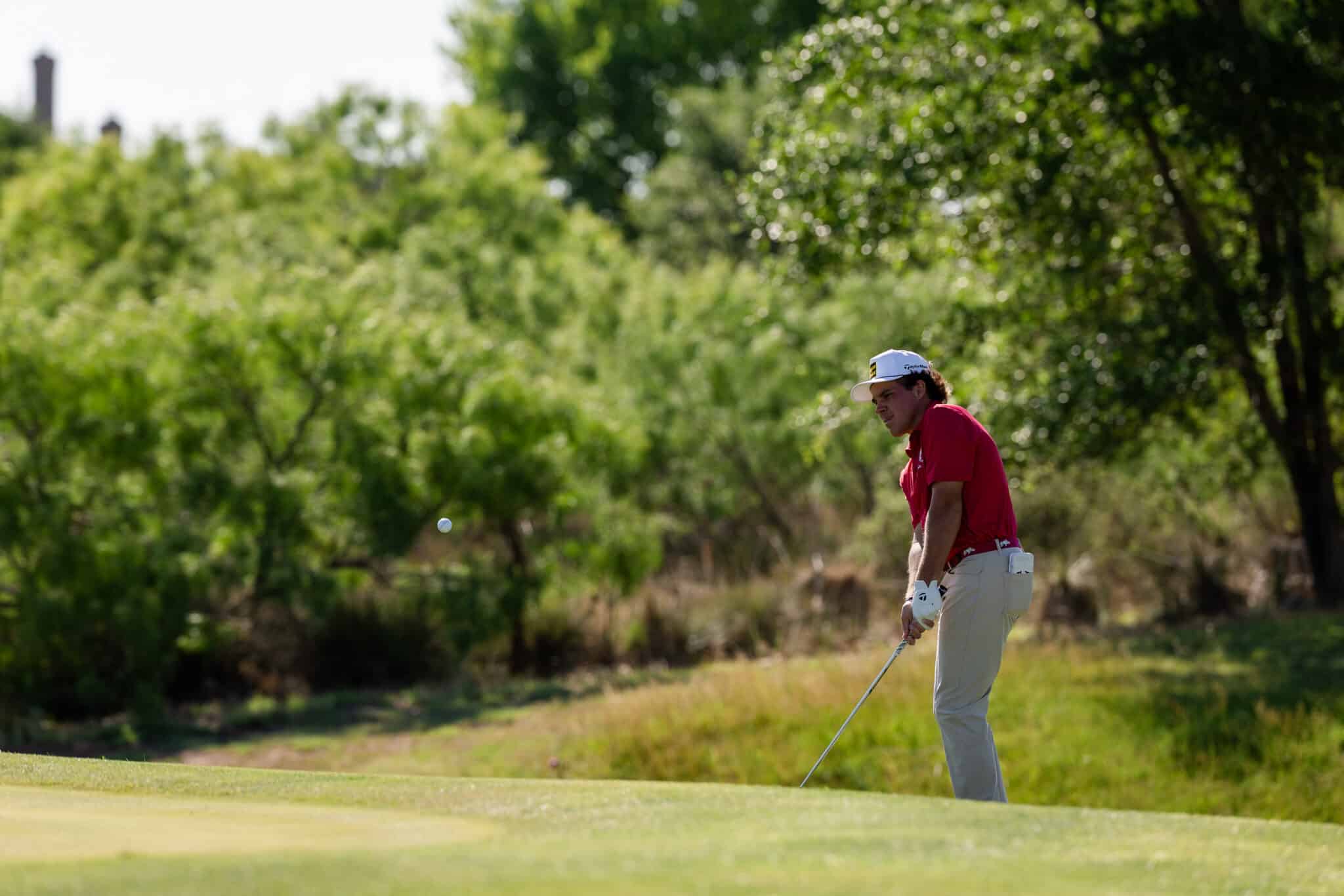 Male golfer in a red polo shirt and white cap prepares to swing on a sunny golf course, with trees in the background.