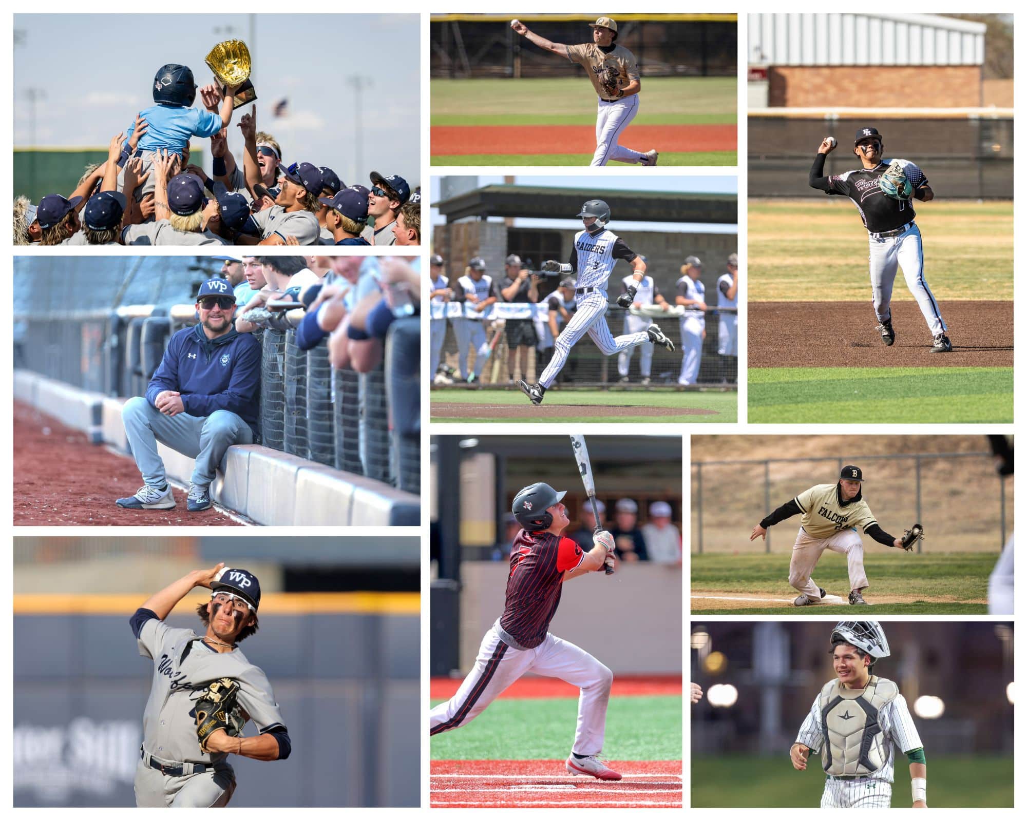 2026 Baseball Team Graphic | Press Pass Sports Collage of baseball players in action: celebrating team victory, pitching, throwing, batting, and catching across multiple photos.