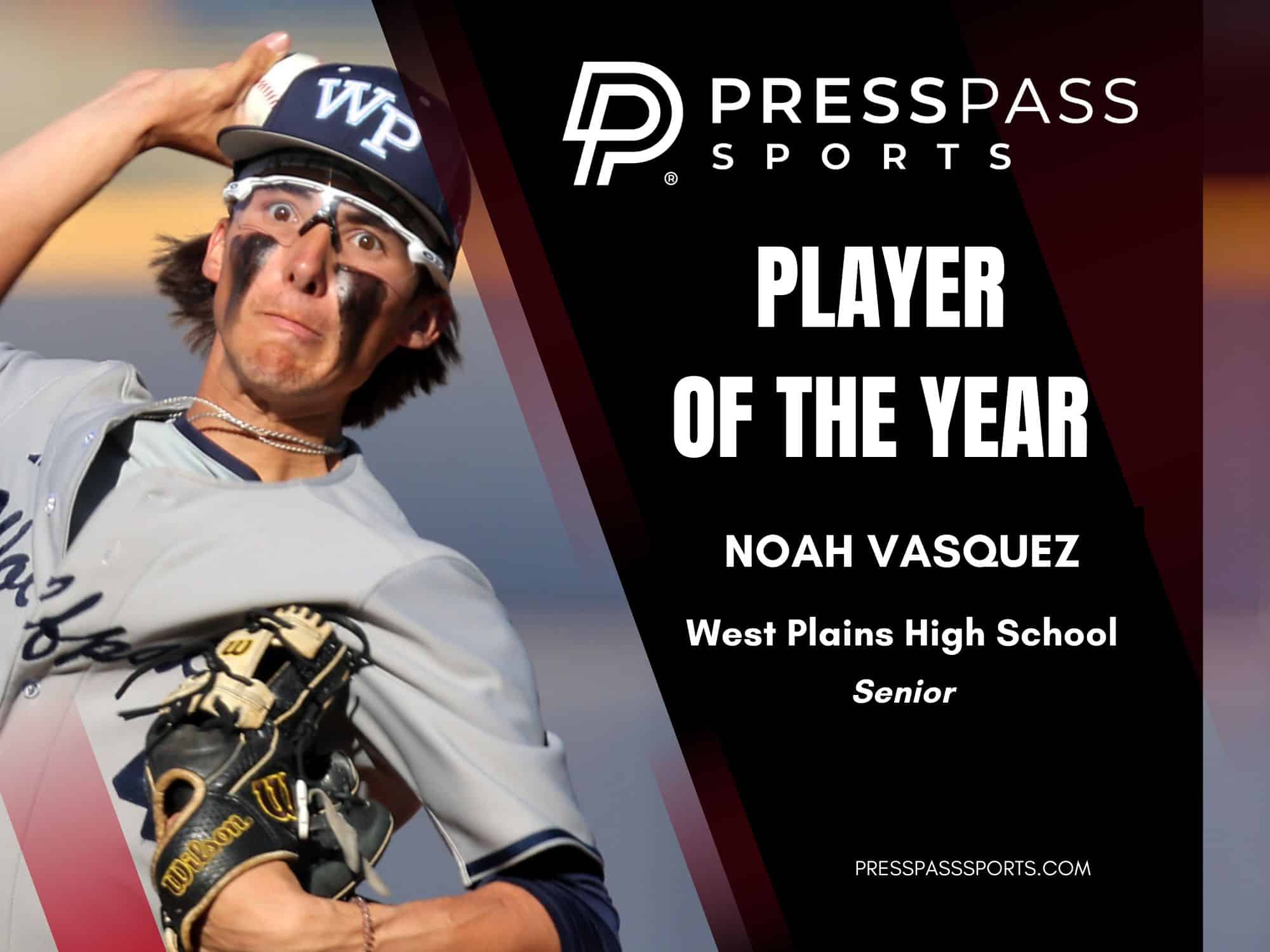 2026 Baseball Team of the year 1 | Press Pass Sports Baseball player wearing a helmet and eye black, posing with a bold'Player of the Year' graphic on the right and 'PressPass Sports' logo above.
