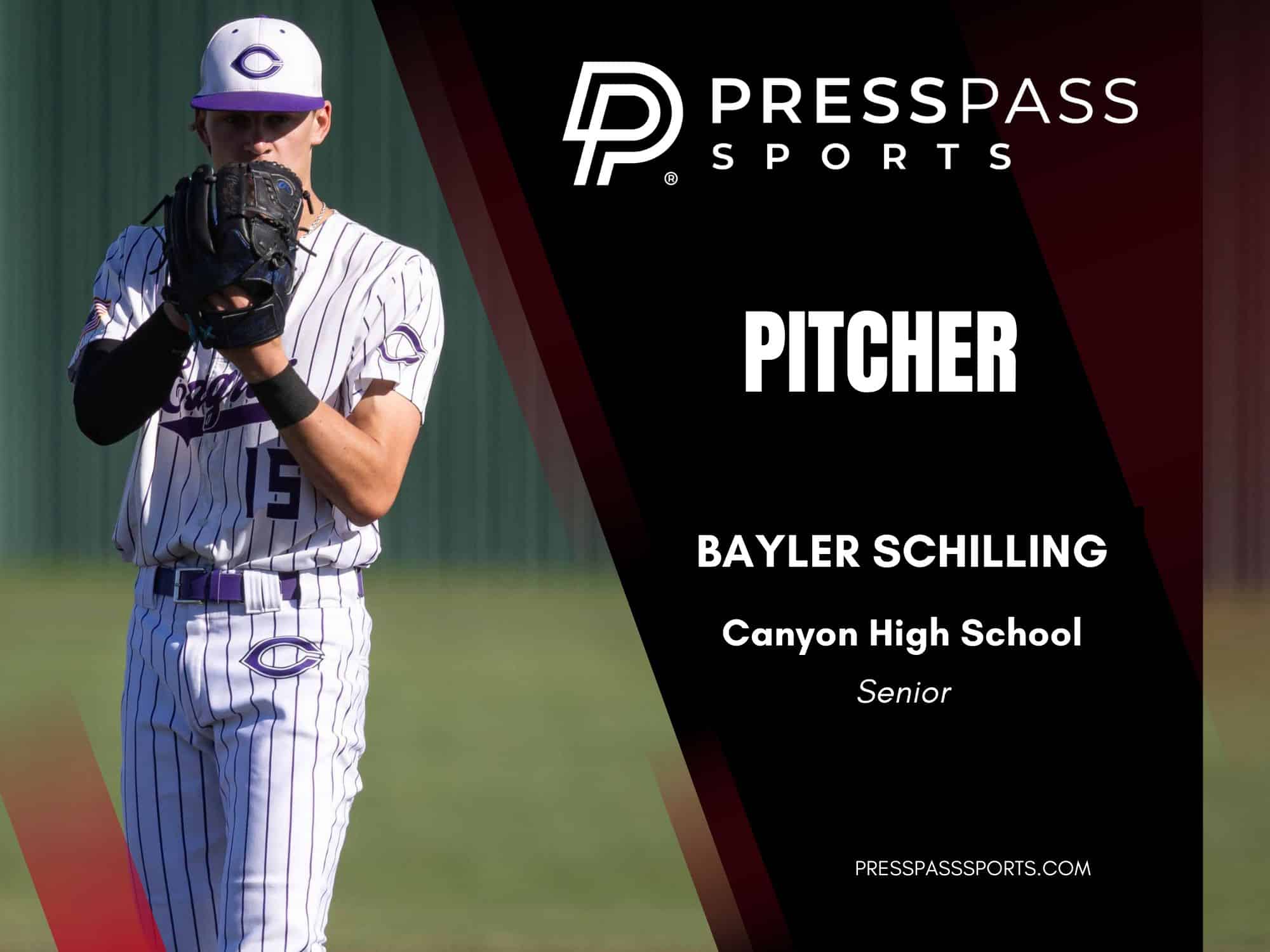 2026 Baseball Team of the year 3 | Press Pass Sports Baseball pitcher in a white pinstripe uniform with glove raised, beside a PRESSPASS SPORTS poster featuring Bayler Schilling.