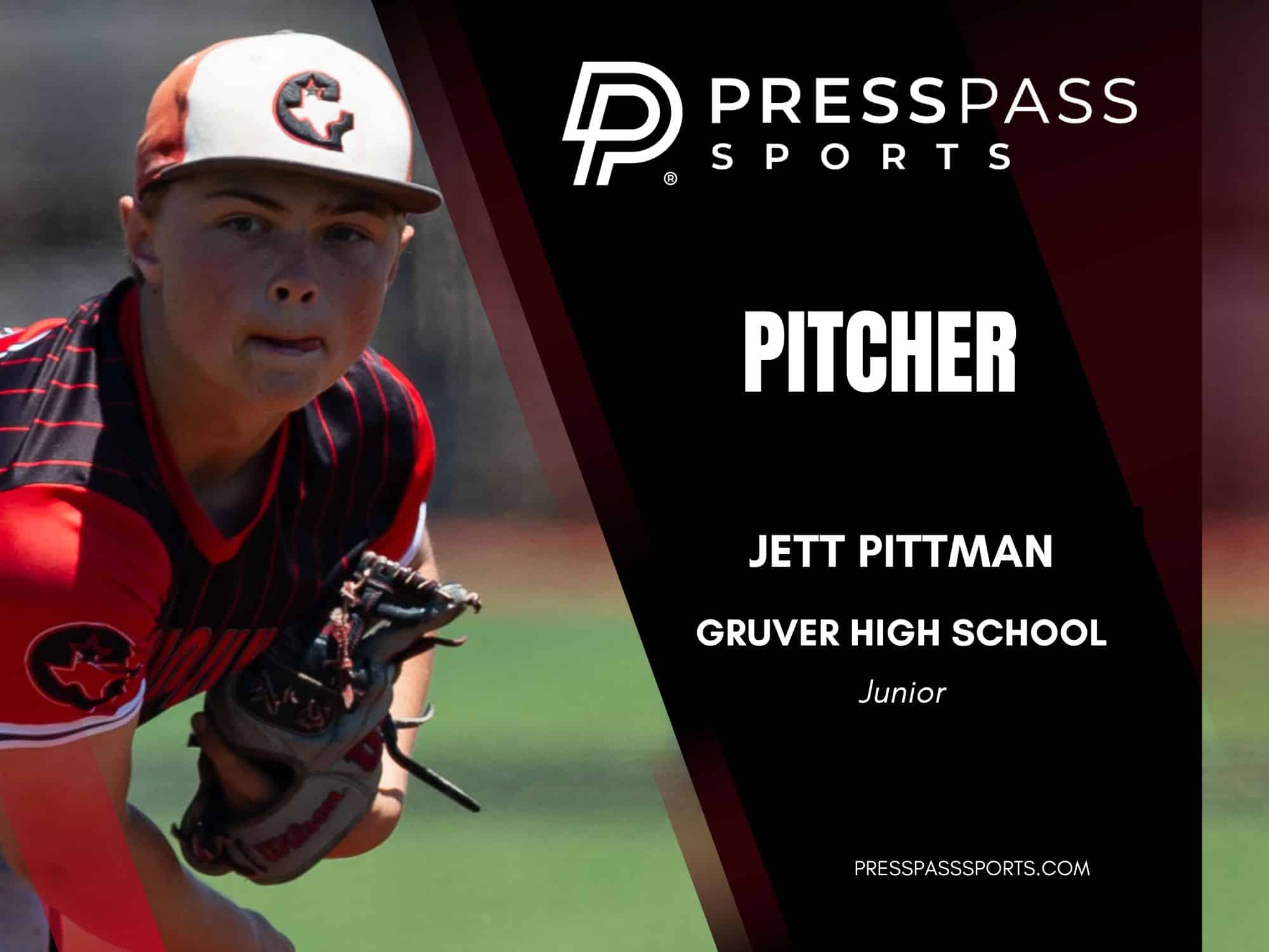 2026 Baseball Team of the year 6 | Press Pass Sports Young baseball pitcher in red uniform grips a glove, set against a black PressPass Sports banner featuring the word PITCHER and the name Jett Pittman.