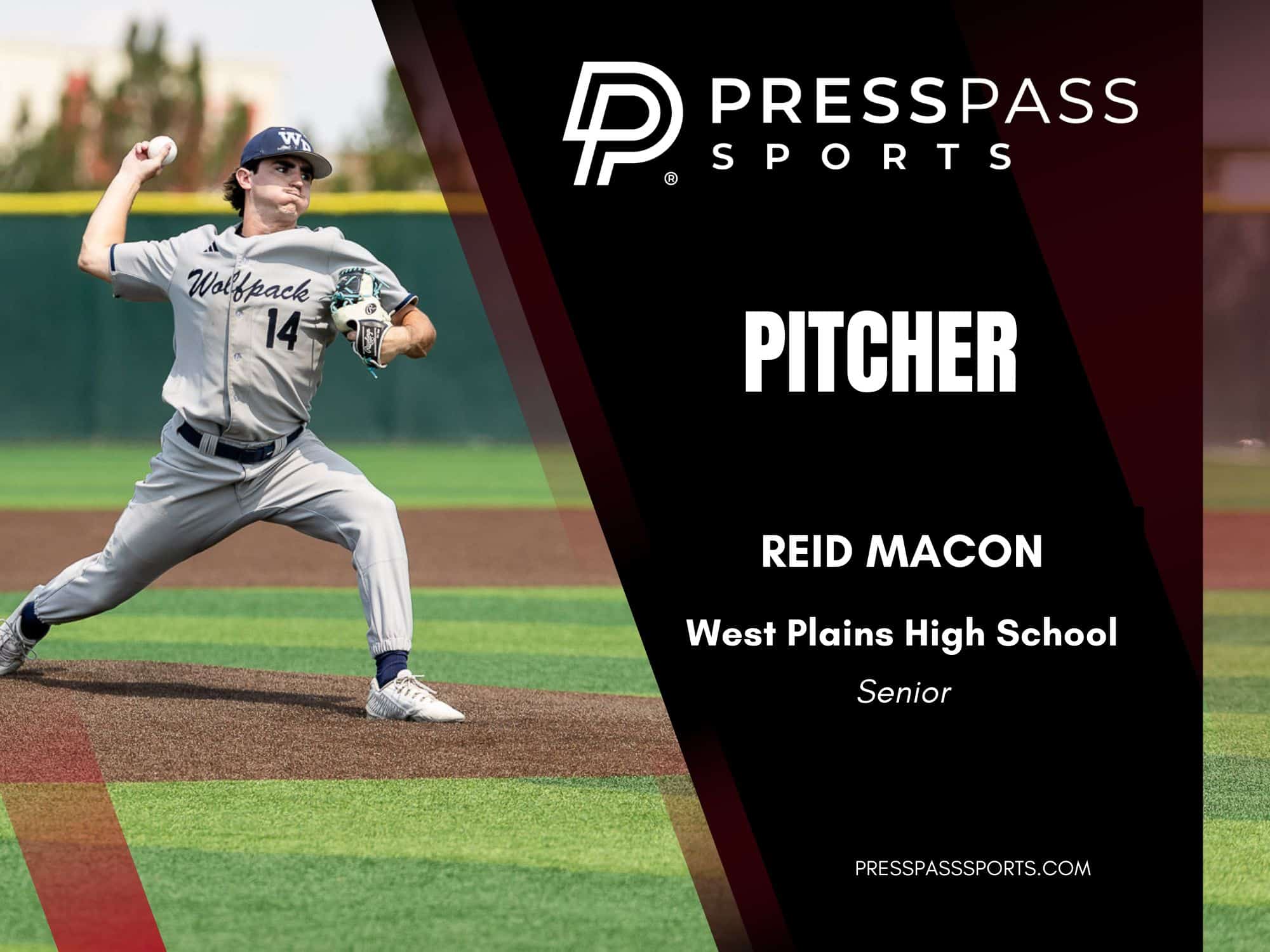 2026 Baseball Team of the year 5 | Press Pass Sports Baseball pitcher in gray uniform winding up to throw a pitch, with a PRESSPASS SPORTS banner and the name Reid Macon.