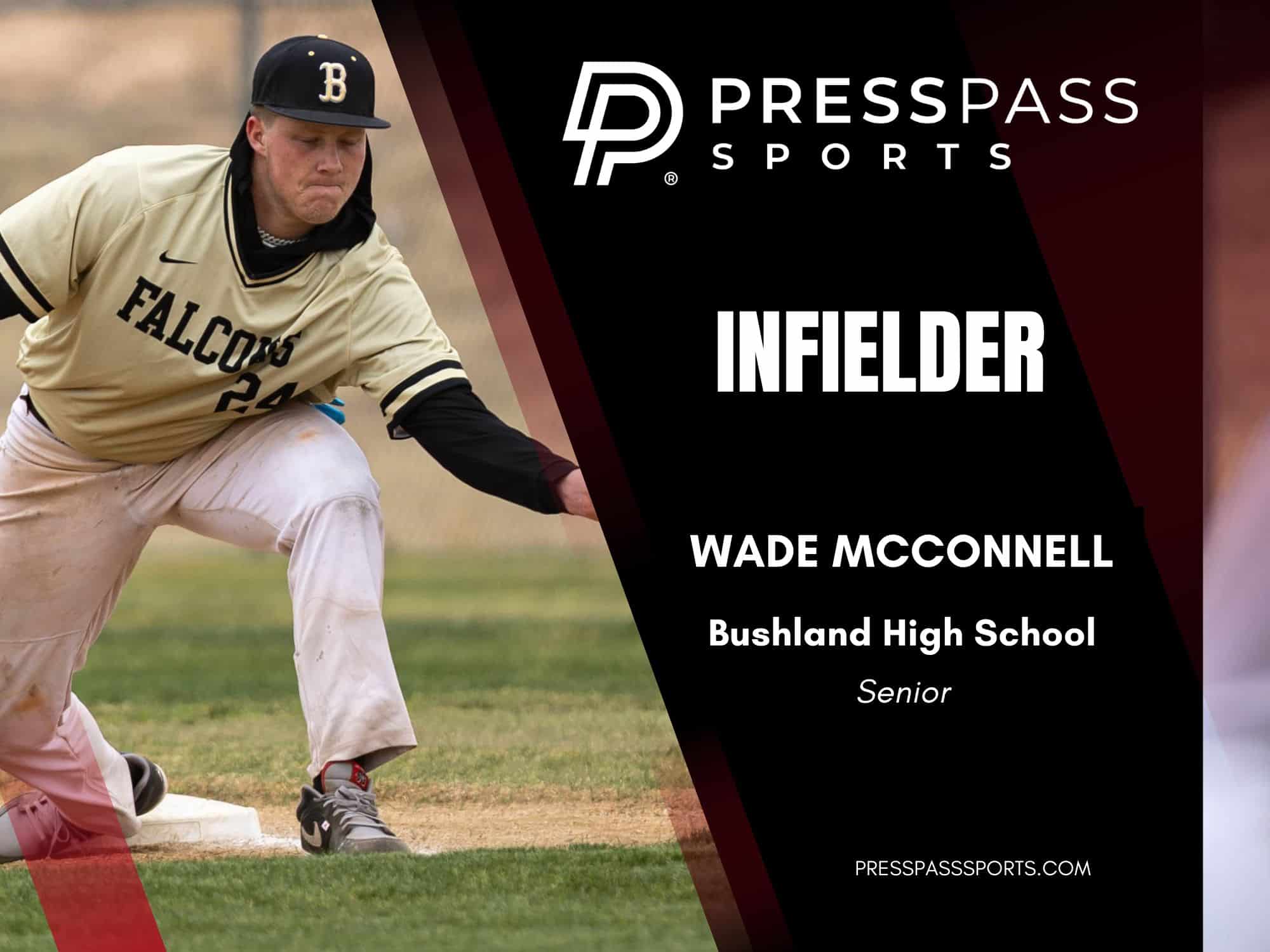 2026 Baseball Team of the year 8 | Press Pass Sports Baseball infielder in a tan Falcons uniform sliding into a base during a game, banner text reads INFIELDER and Wade McConnell.