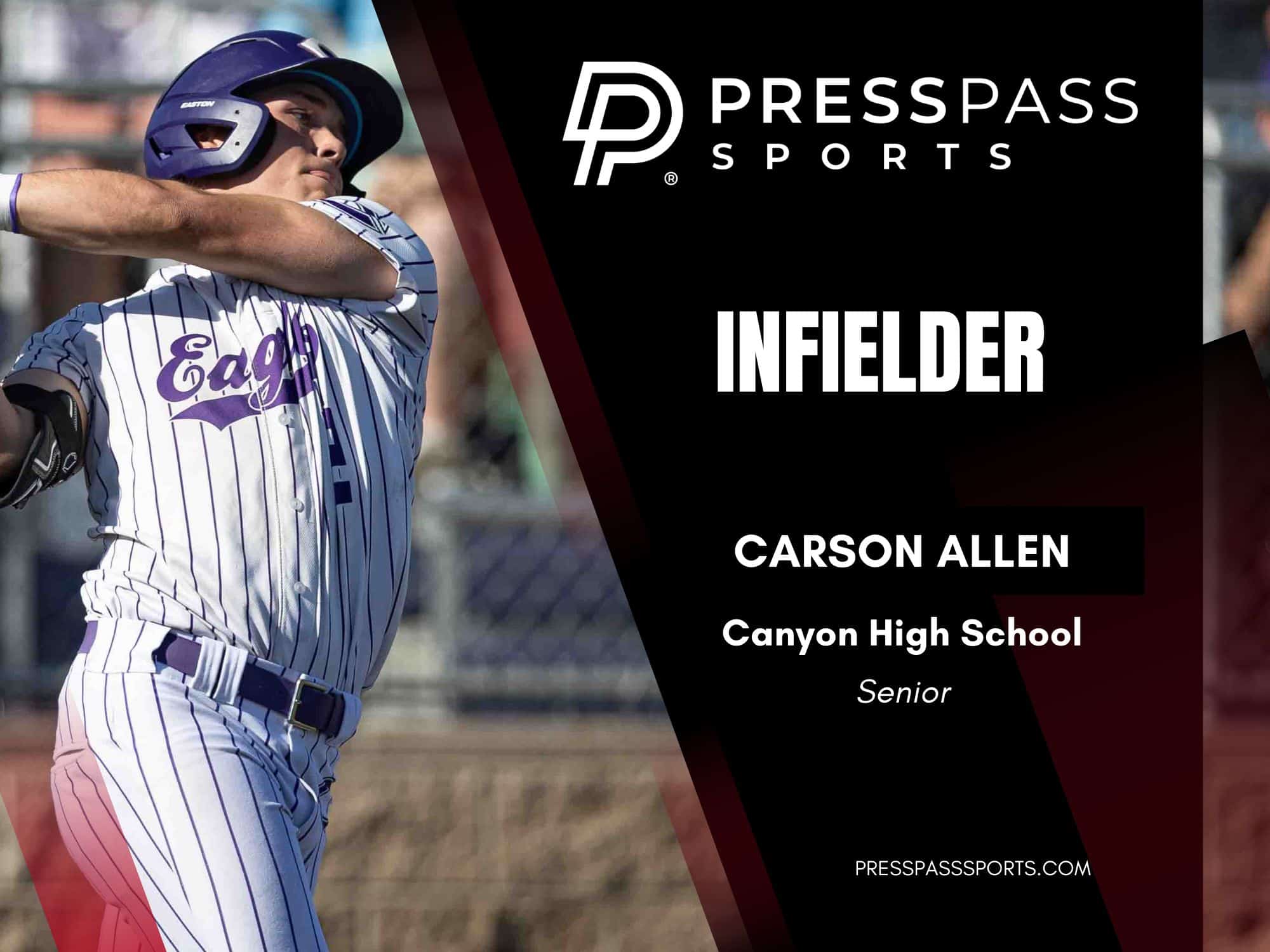 2026 Baseball Team of the year 11 | Press Pass Sports Baseball infielder in pinstriped uniform swings with a black press banner reading INFIELDER on the right.