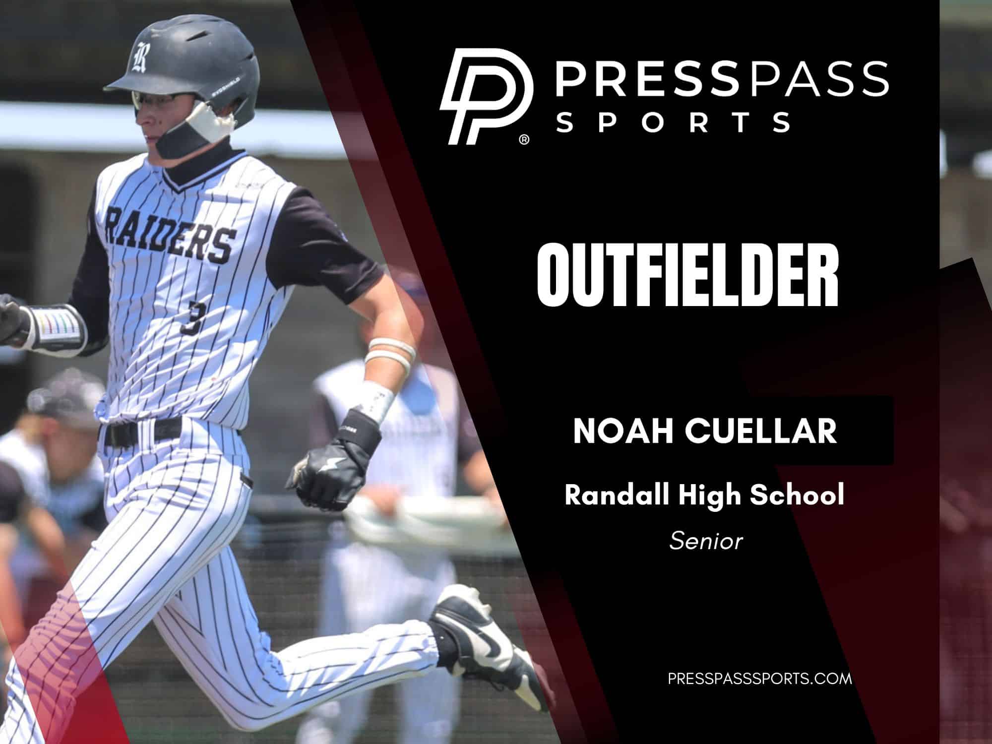 2026 Baseball Team of the year 12 | Press Pass Sports Baseball player in a white pinstriped Raiders uniform runs toward the left, with a dark banner on the right displaying PRESSPASS SPORTS and a student name.