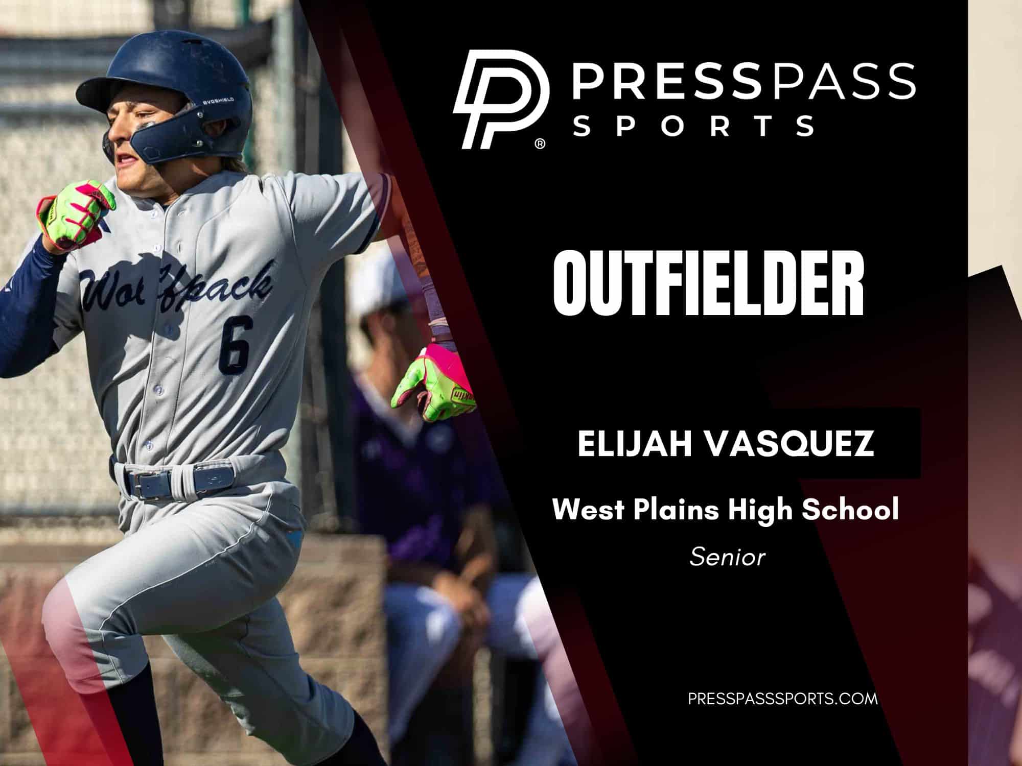 2026 Baseball Team of the year 13 | Press Pass Sports Baseball player in gray uniform and blue helmet runs, neon-green gloves visible, with bold PRESSPASS SPORTS graphics on a black backdrop to the right.