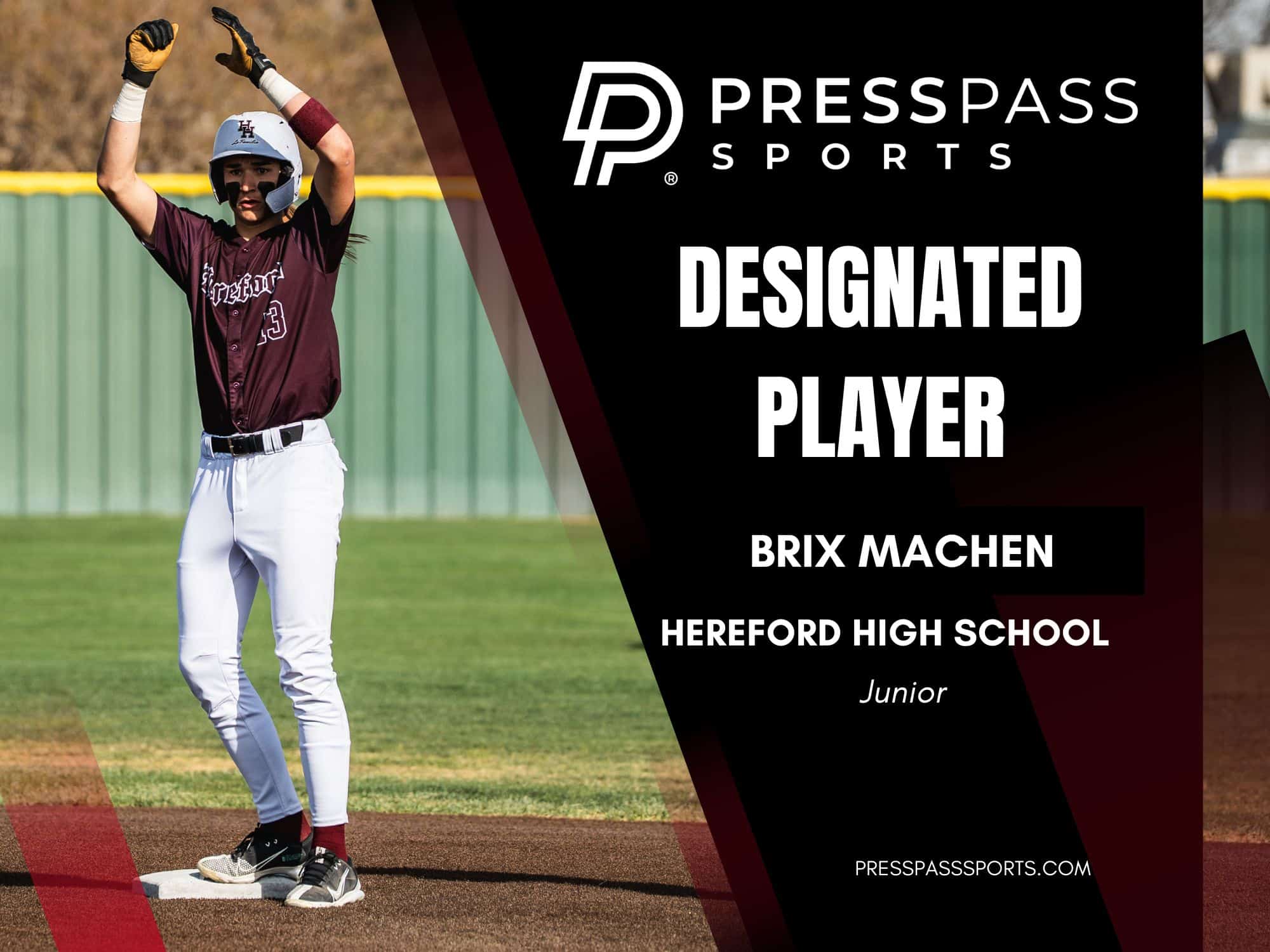 2026 Baseball Team of the year 14 | Press Pass Sports Young female baseball player raises arms in celebration at home plate with a bold, black promotional banner reading PRESS PASS SPORTS on the right side.