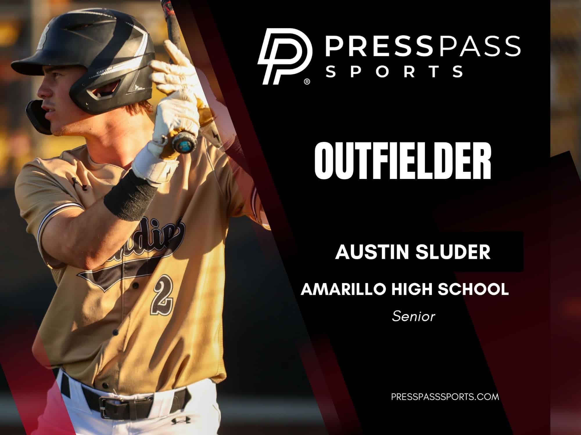 2026 Baseball Team of the year 15 | Press Pass Sports Baseball outfielder in tan uniform and helmet on the left, with a bold black banner and'OUTFIELDER' text on the right.