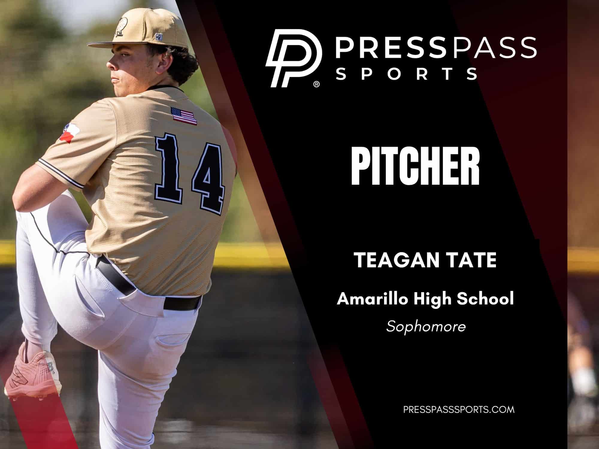 2026 Baseball Team of the year 17 | Press Pass Sports Baseball pitcher in beige uniform with number 14, mid-throw, on a PressPass Sports banner featuring Teagan Tate, Amarillo High School, sophomore flagging a logo backdrop